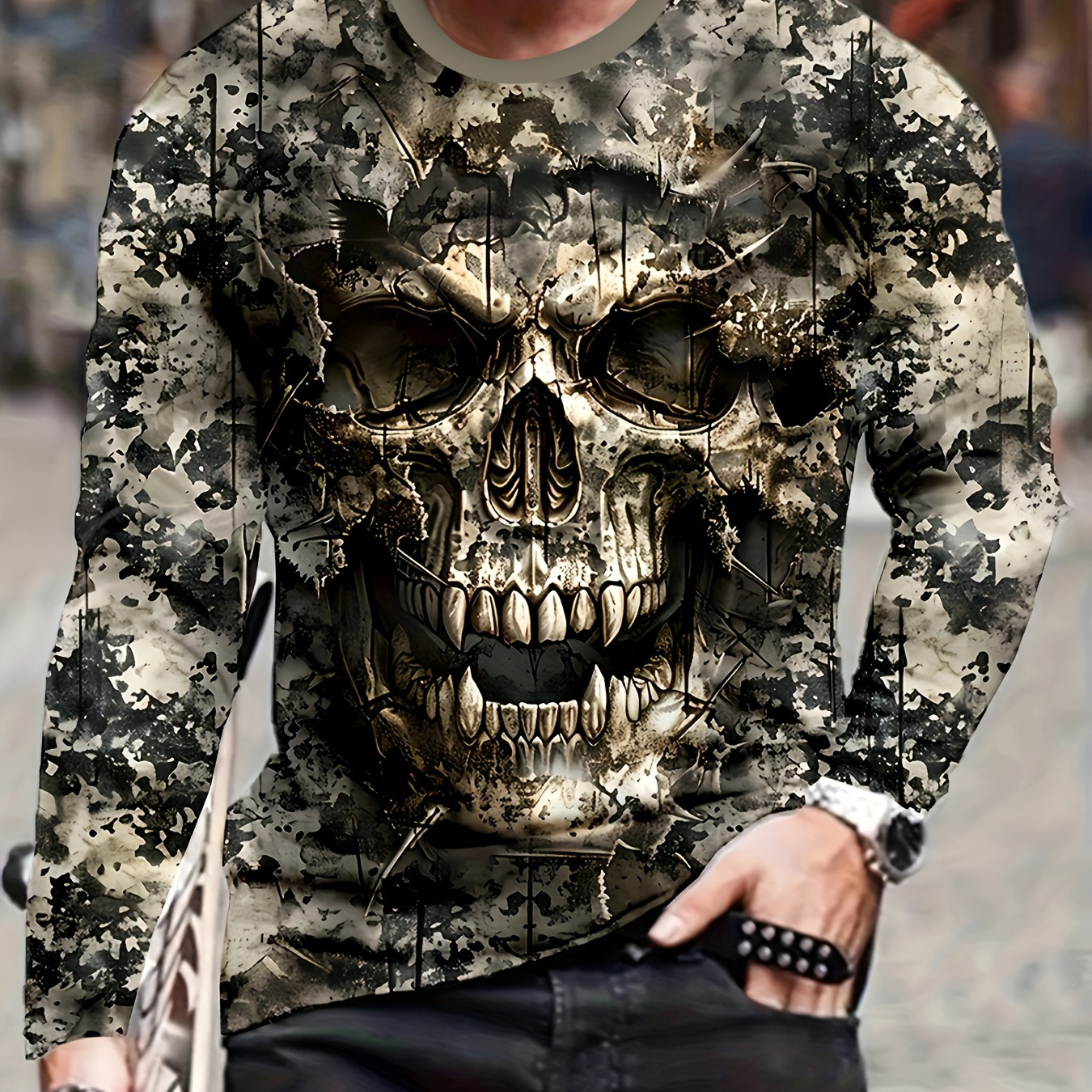 

[customer ] Men's Casual Long Sleeve T-shirt With Unique Skull Print - Breathable Polyester, Machine Washable - All