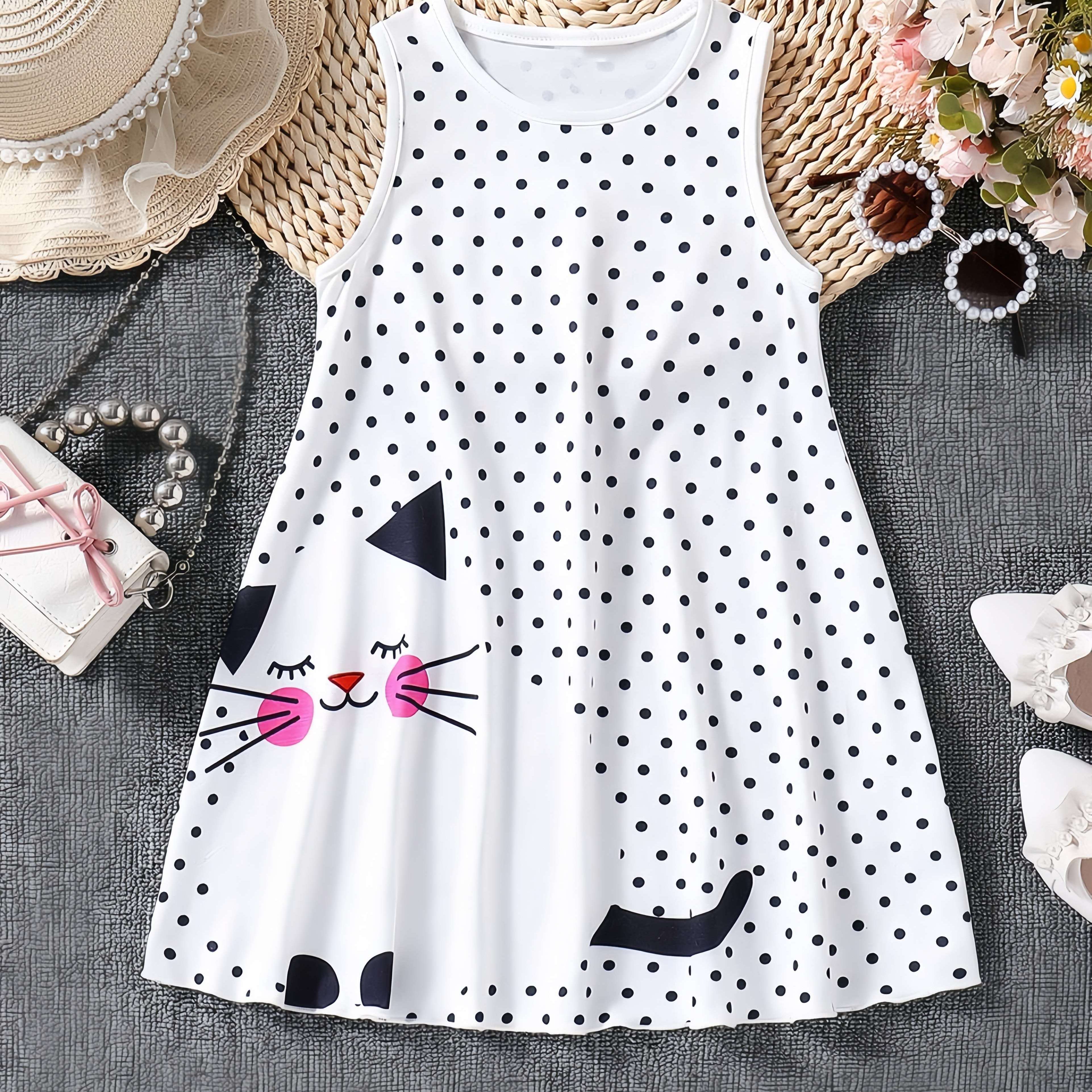 

Kitty Pattern Polka Dot Dress For Girls Comfy Sleeveless Casual Dresses, Summer Clothing Gift