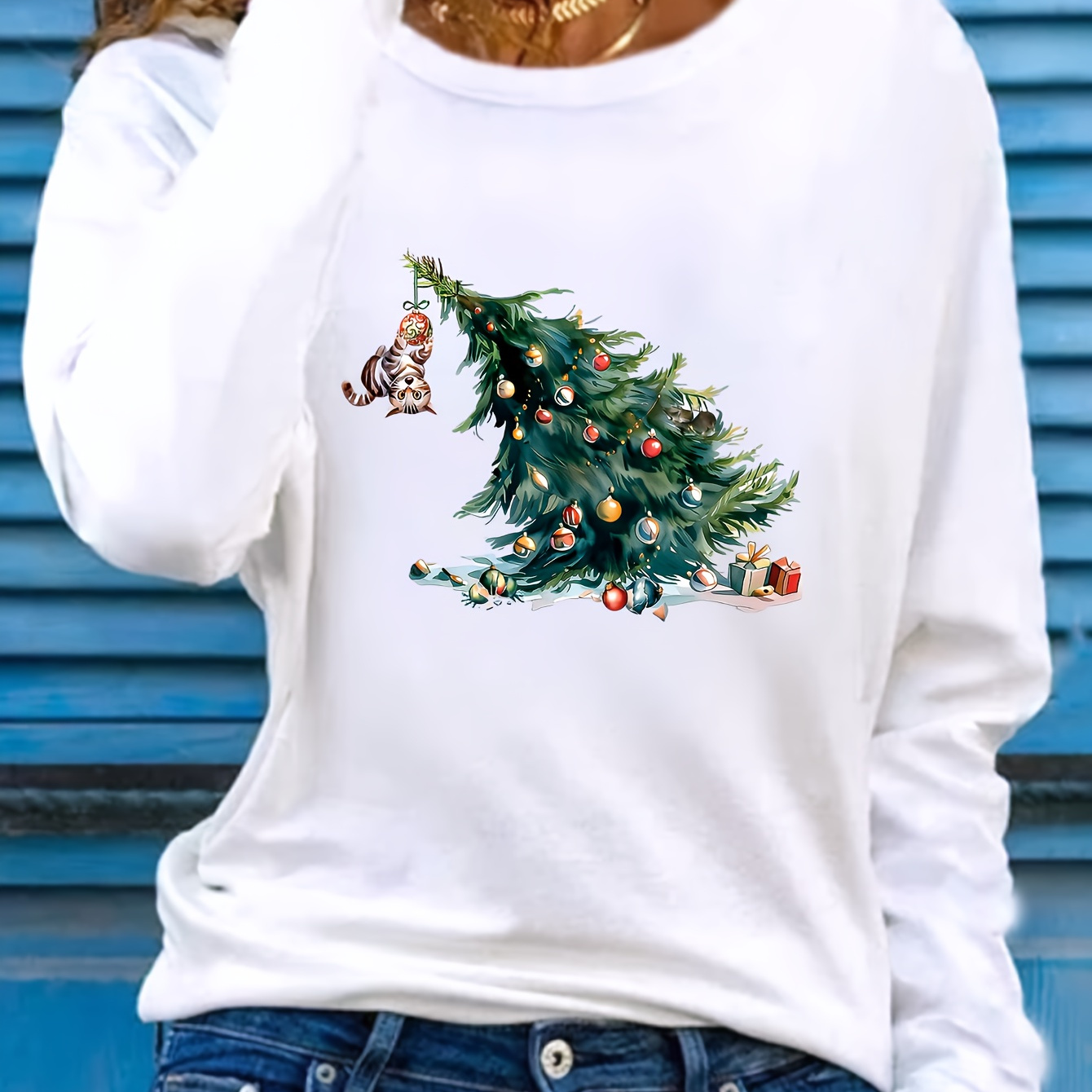 

T-Shirt à Manches Longues pour Femmes avec Imprimé Sapin de Noël & Chat - Col Rond Décontracté, Mélange de Polyester , Lavable en Machine