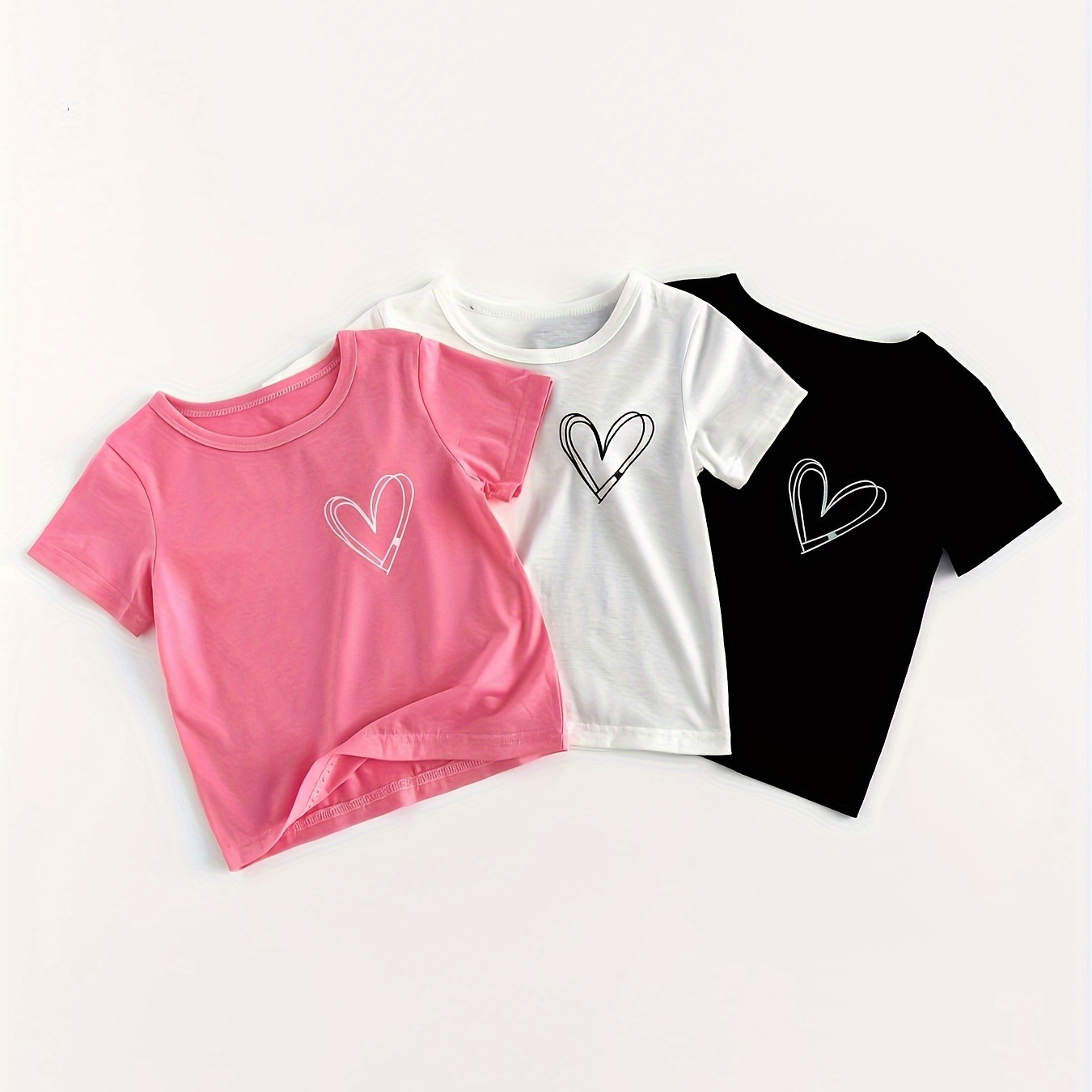 

3pcs, Spring/summer Girls' Casual T-shirt Fashionable Versatile Short Sleeve Top