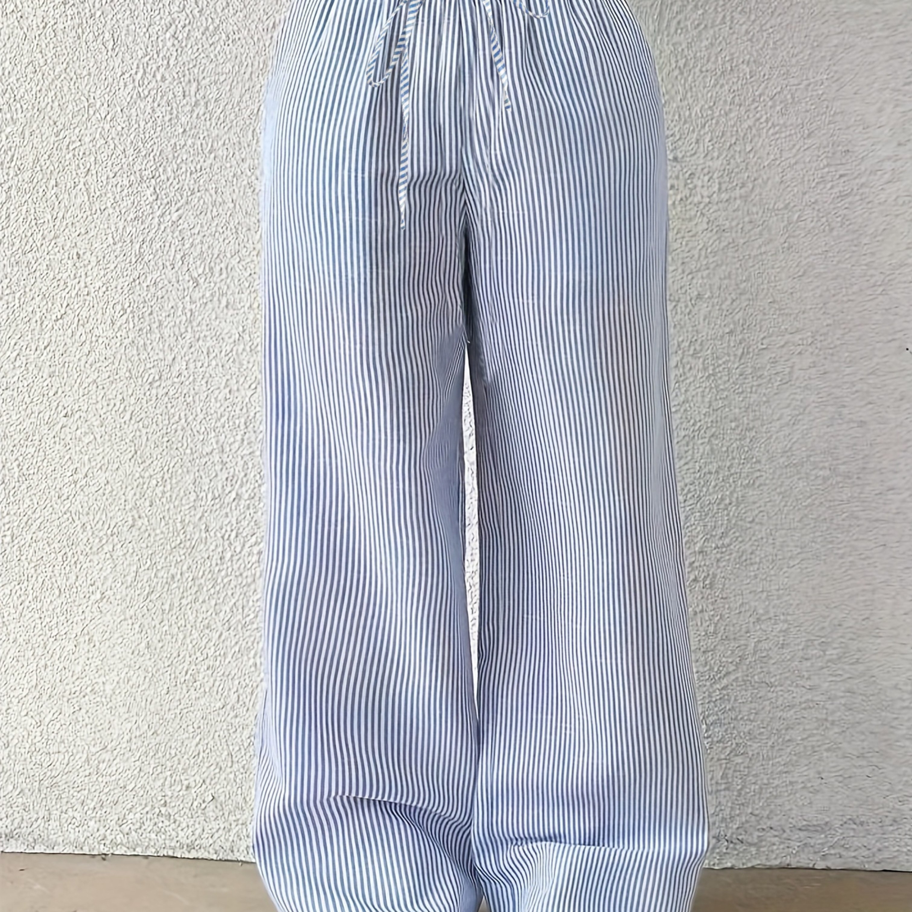 

Pantalon large à rayures en blocs de couleur, Pantalon décontracté à lacets et taille élastique pour le printemps et l'été, Vêtements pour femmes