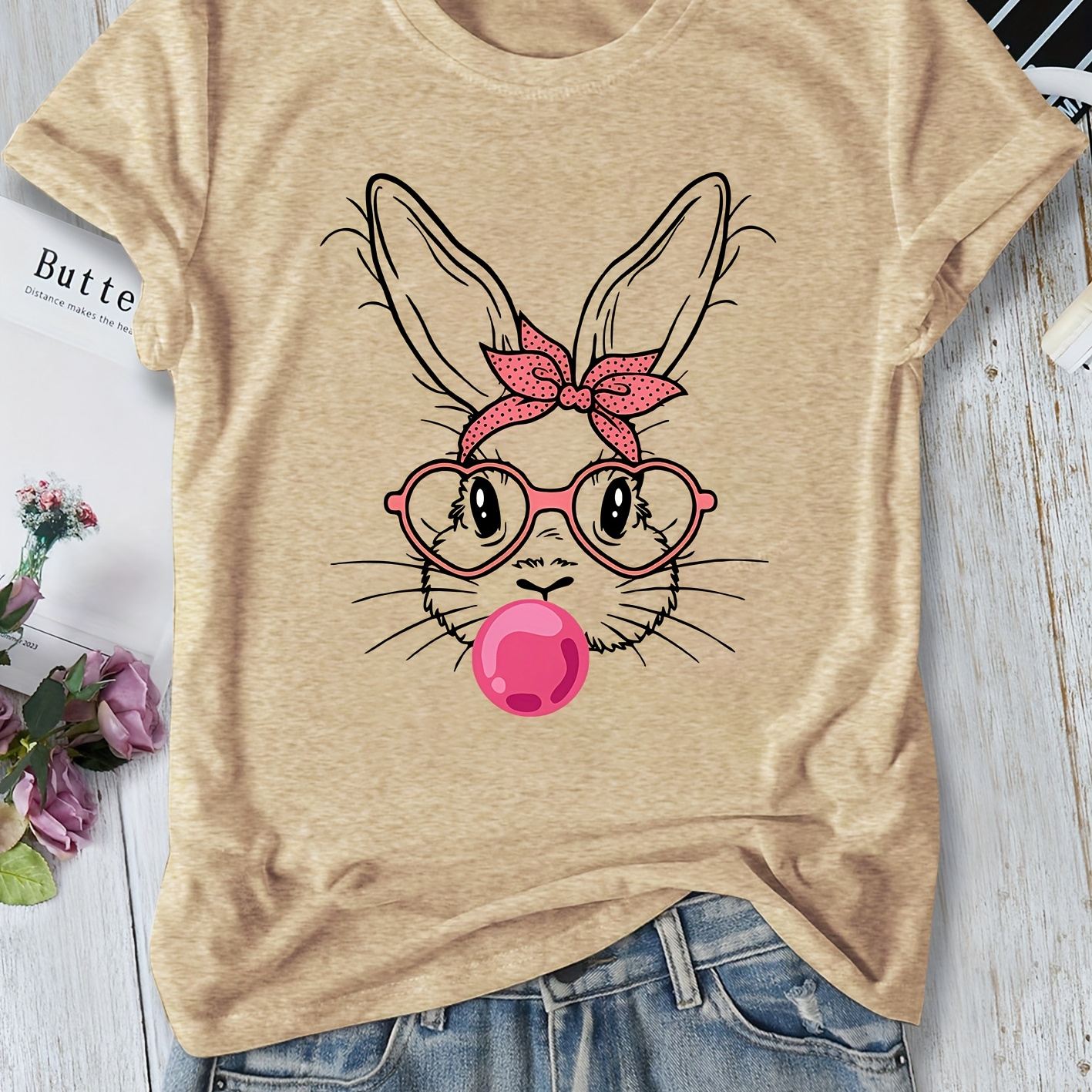 

Easter Bunny Ear Gift Print Pattern Round Neck Short Sleeve T-shirt For Women, Suitable For Spring, Summer, Autumn, And Winter.