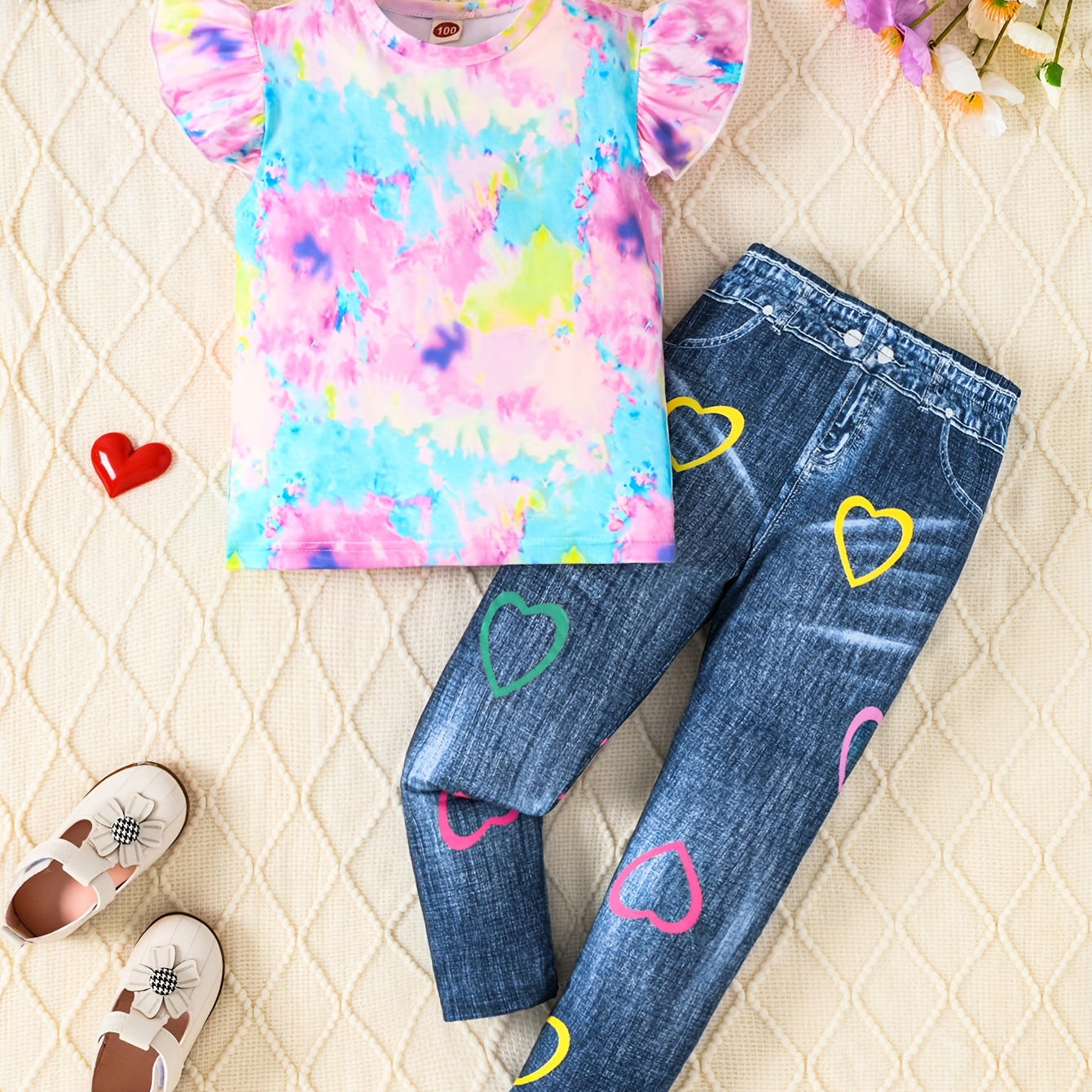 

2pcs Toddler Girls Tie Dye Flutter Trim Top + Imitation Denim Print Pants Set For Spring Summer Party Gift
