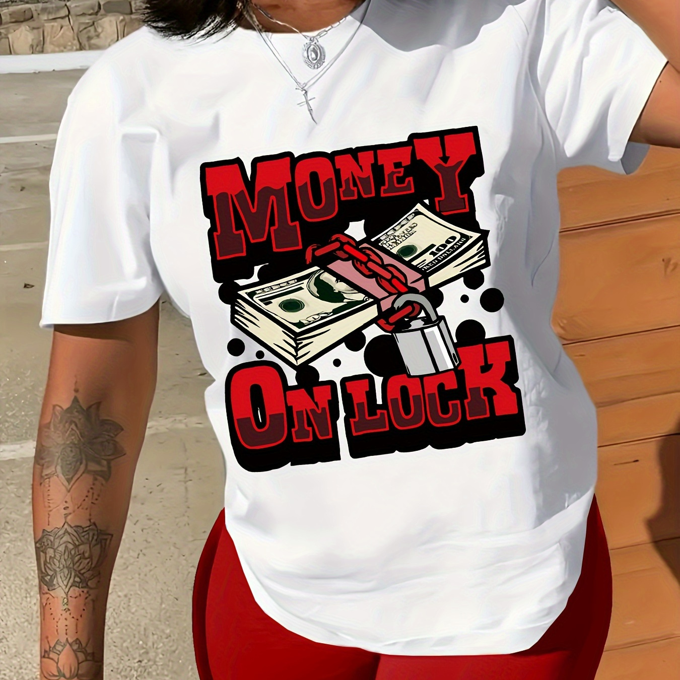 

Dollar & Letter Print Crew Neck T-shirt, Casual Short Sleeve T-shirt For Spring & Summer, Women's Clothing