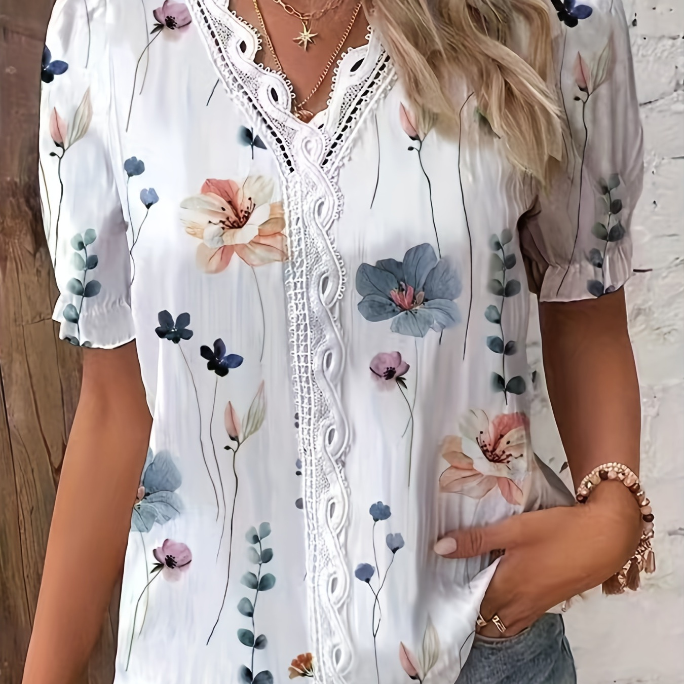 

Floral Print V Neck Lace Trim Blouse, Casual Puff Sleeve Blouse For Summer, Women's Clothing