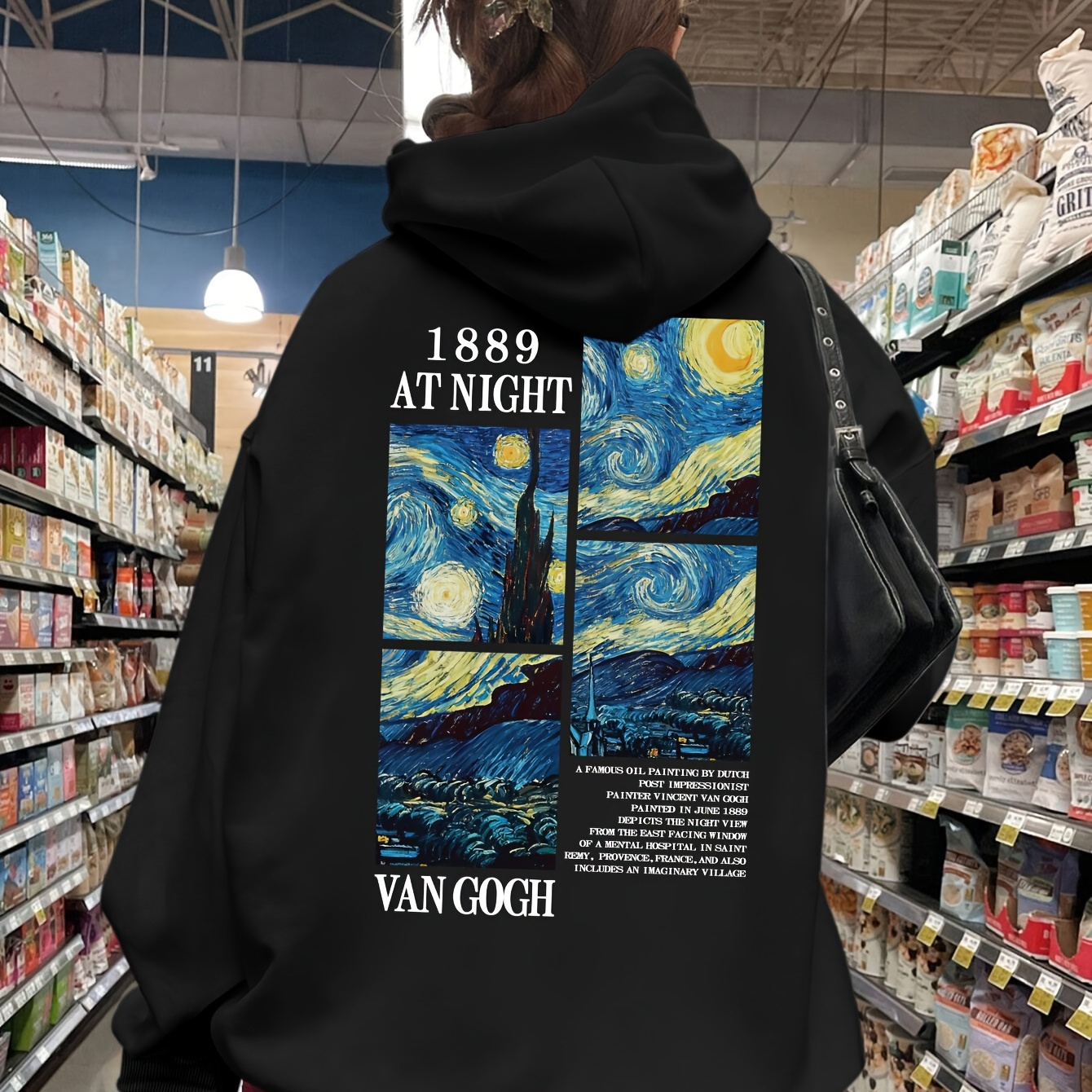 

Sweat à capuche Van Gogh pour femme, grande taille, pull décontracté à manches longues avec poche, tissu tricoté % polyester, légèrement extensible, sweat-shirt à capuche automne/hiver, motif paysage