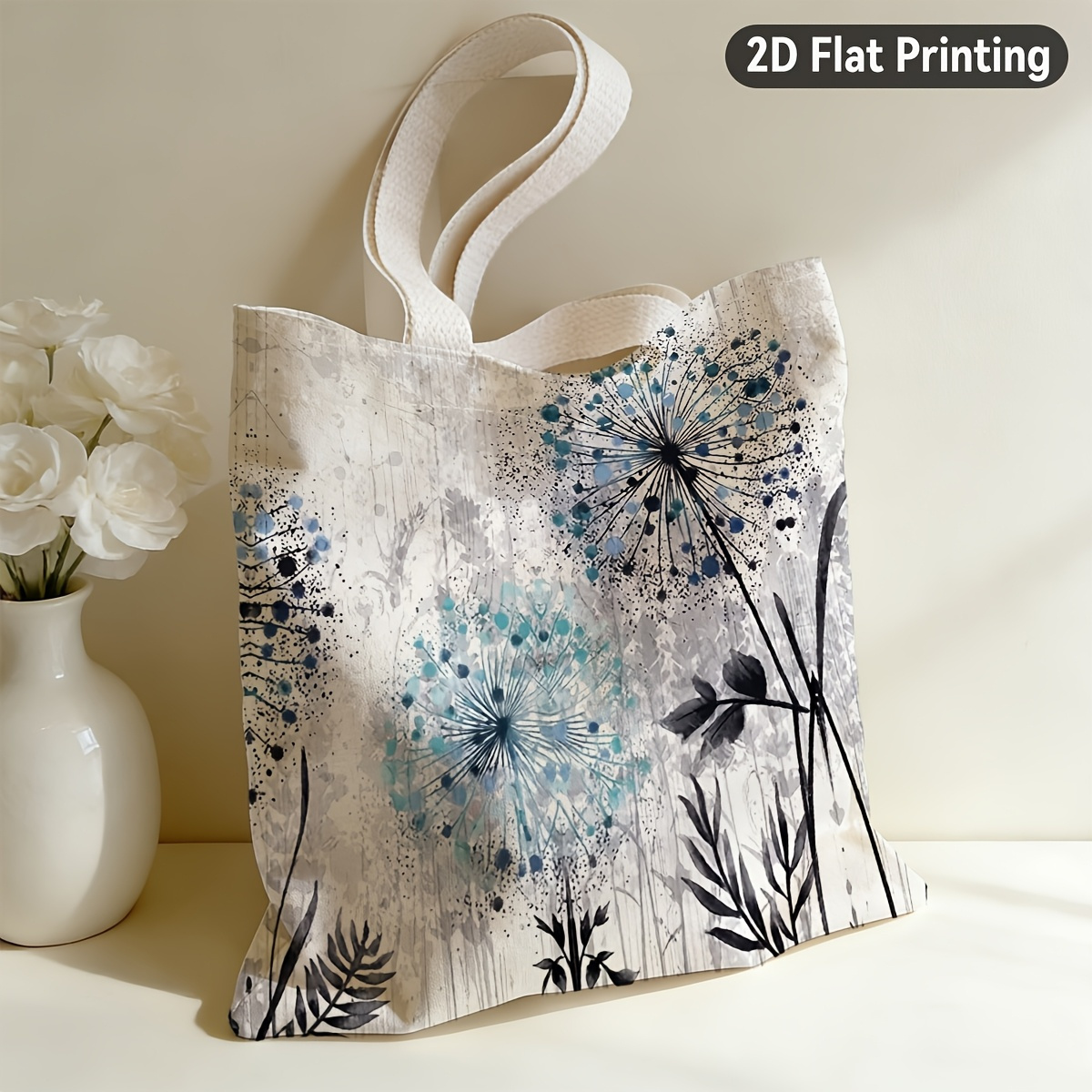 TEMU 2d Flat 1pc Watercolor Dandelion Floral Tote Bag, Duplex Prints Delicate Dandelion And Leaves, Ideal For Grocery Shopping, Beach Trips, , For