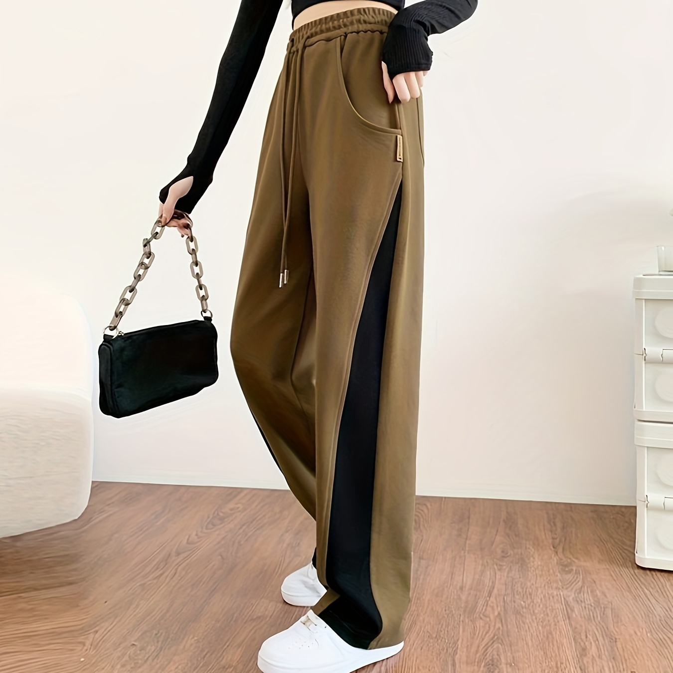 

Slant Pockets Wide Leg Pants, Solid Drawstring Elastic Waist Wide Leg Pants, Casual Loose Pants For Spring & Fall, Women's Clothing
