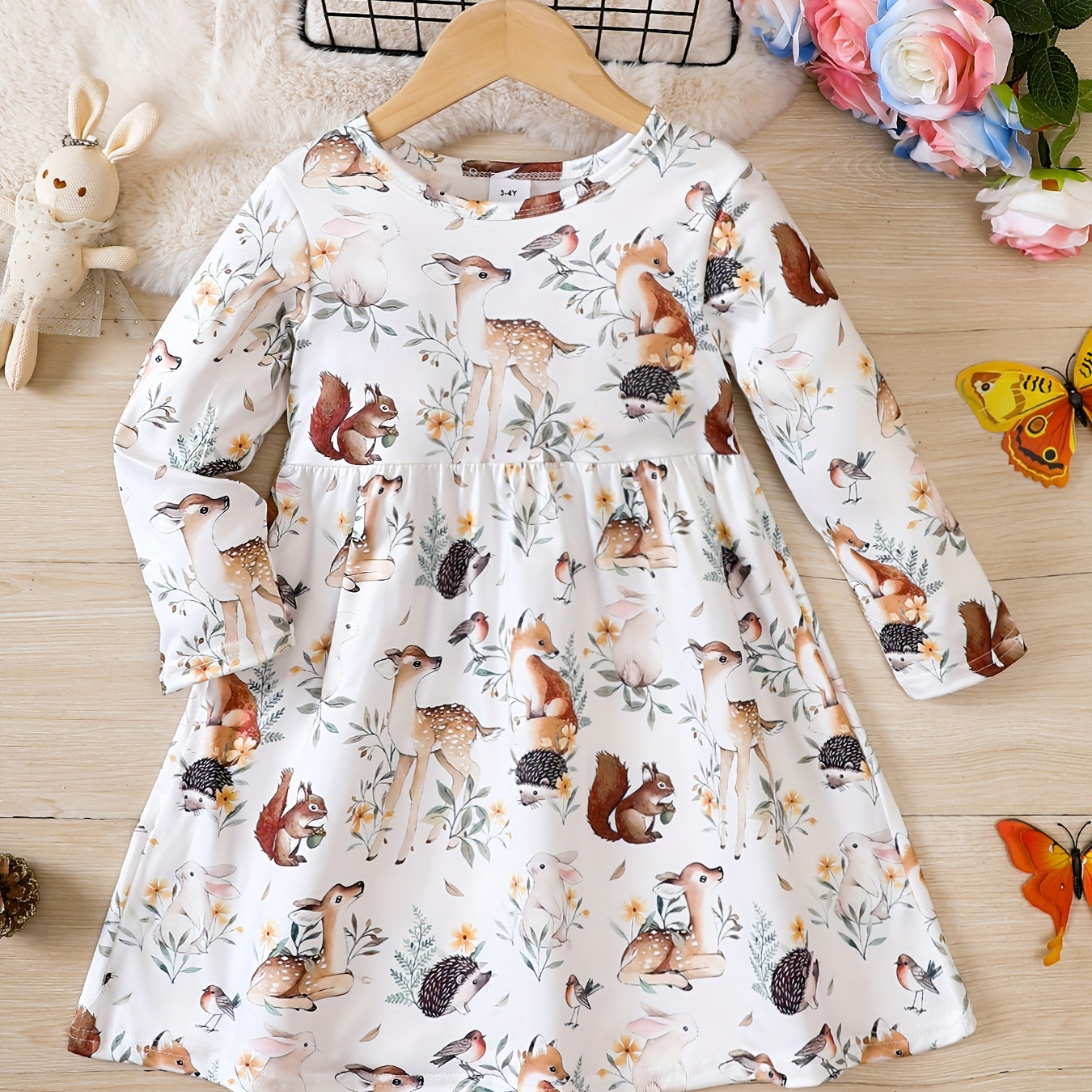 

Girls Full Cartoon Animal Print Dress Crew Neck Long Sleeve Princess Dress