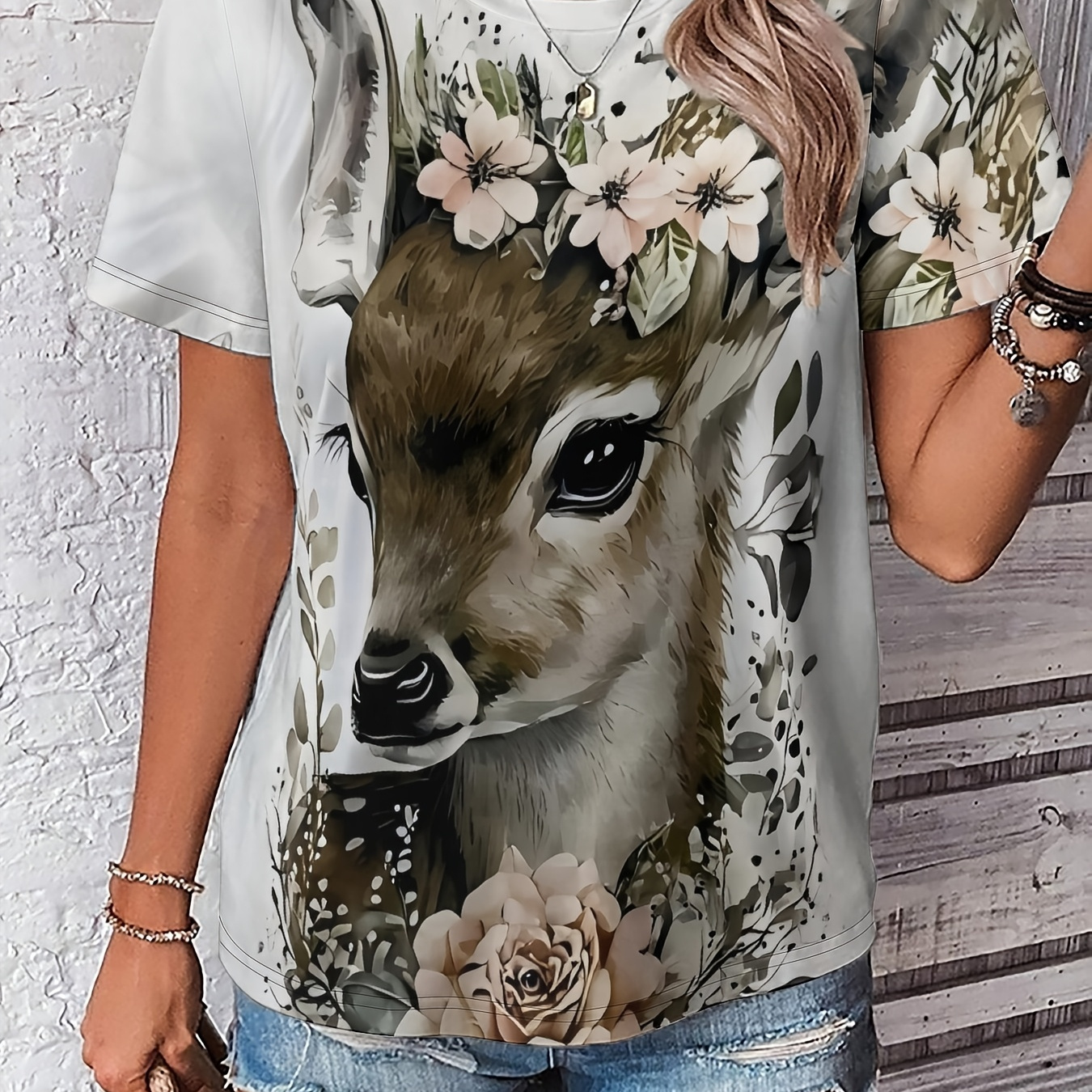 

Women' Animal T-shirt, 3d Deer Print, Casual Crew Neck Short Sleeve Top, Polyester Knit Fabric With Medium Stretch, Breathable Summer Tee, Spring/summer/fall Streetwear