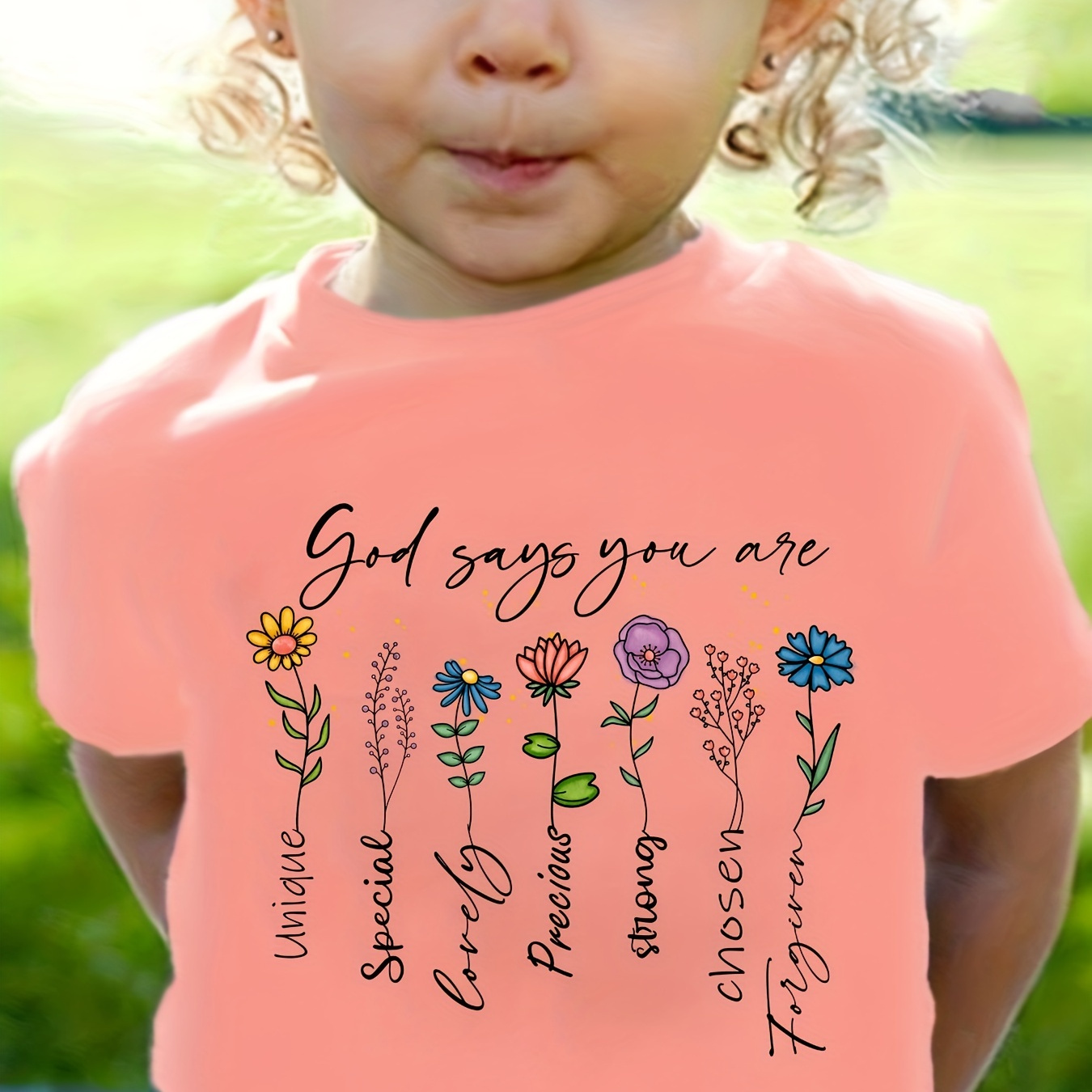 

Girls God Says You Are... & Flower Print T-shirt Comfy Cotton Tees For Summer Gift