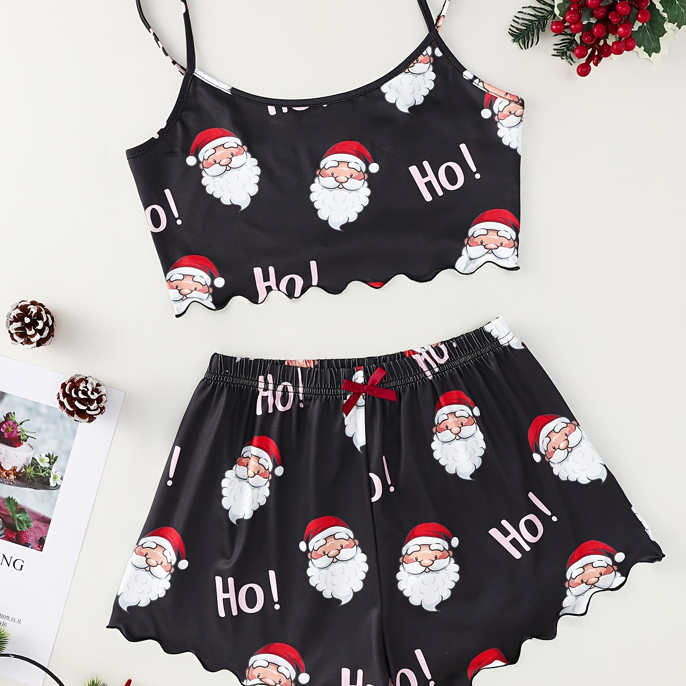 

Women's Christmas Santa Print Polyester Pajama Set With Spaghetti Strap Top And Shorts - 100% Polyester Crew Neck Sleeveless Sleepwear For All Seasons