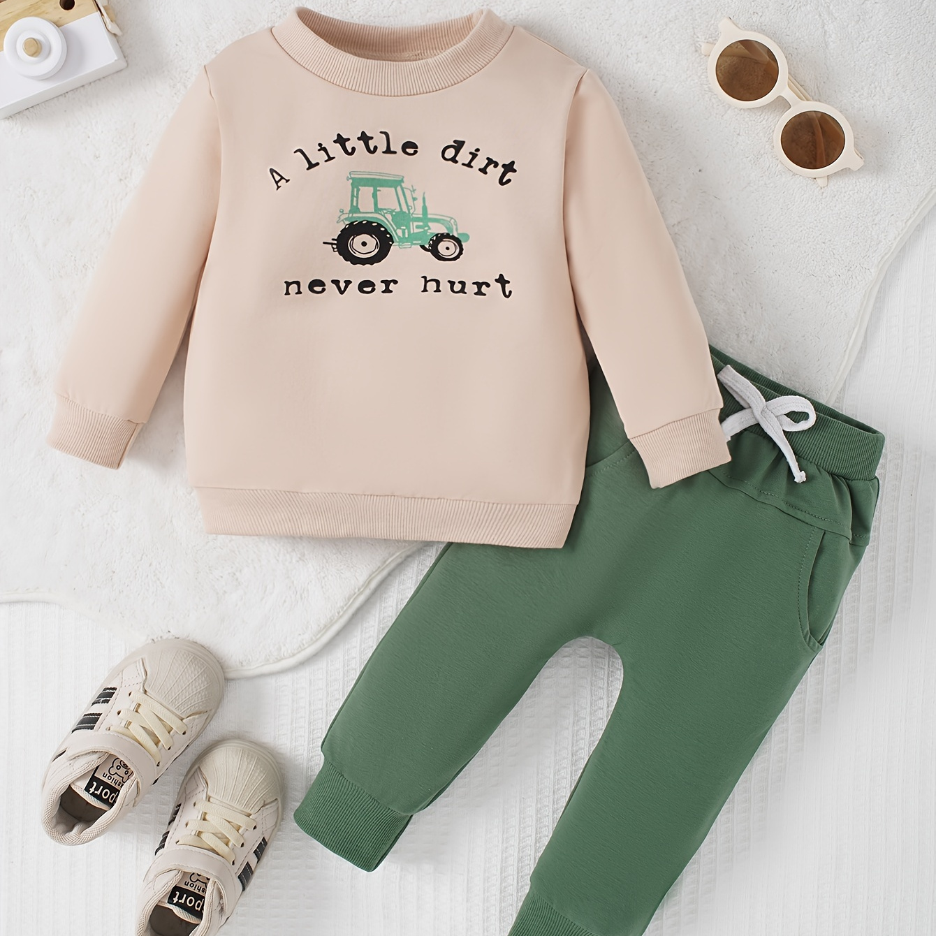 

2pcs Baby's "a Little Dirt Never Hurt" Tractor Print Sweatshirt & Casual Pants, Toddler & Infant Boy's Clothing Set For Fall