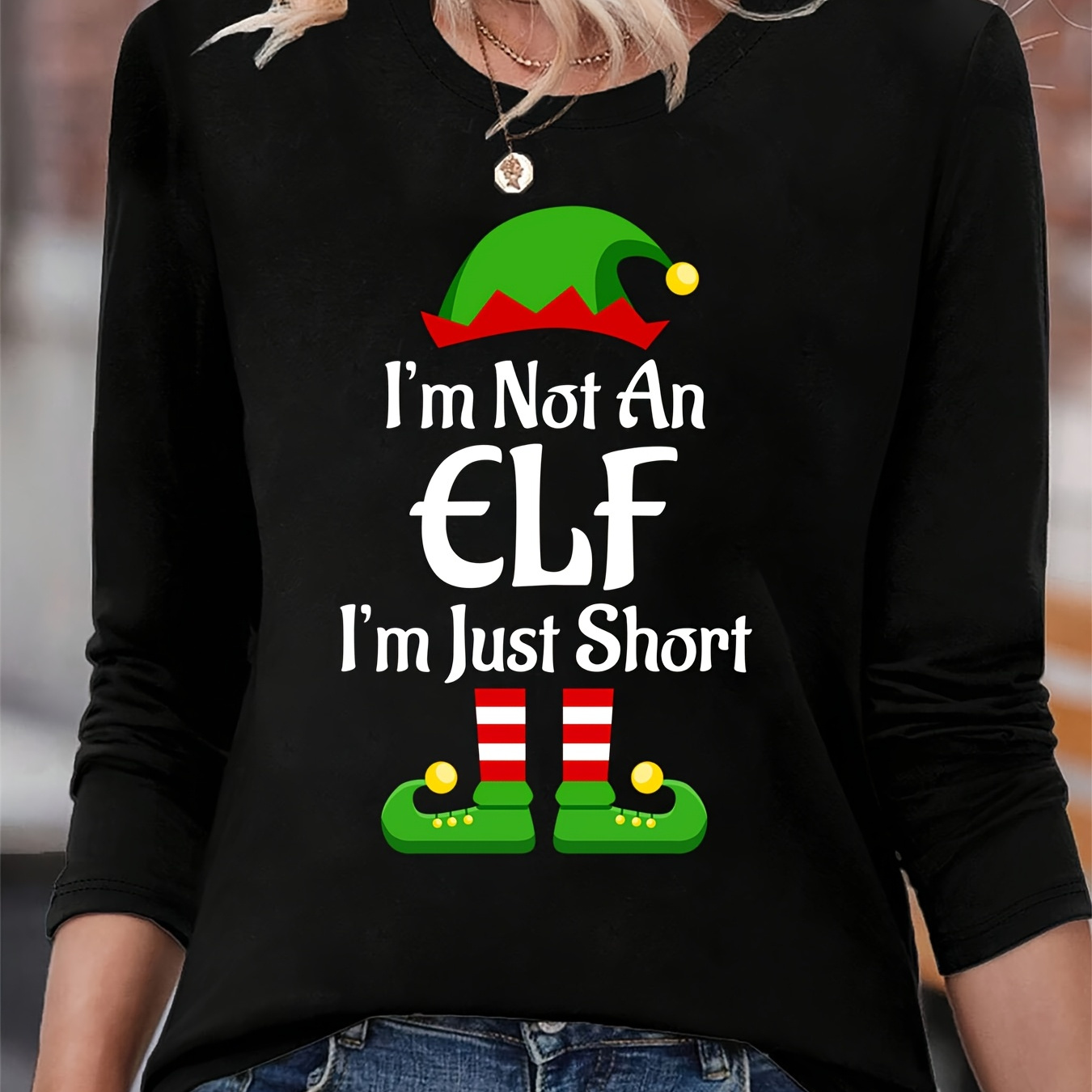 

1pc Women's Elf Humor Long Sleeve T-shirt, Casual Crew Neck Polyester Top With Christmas Graphic, Regular Length Knit Fabric Shirt For All