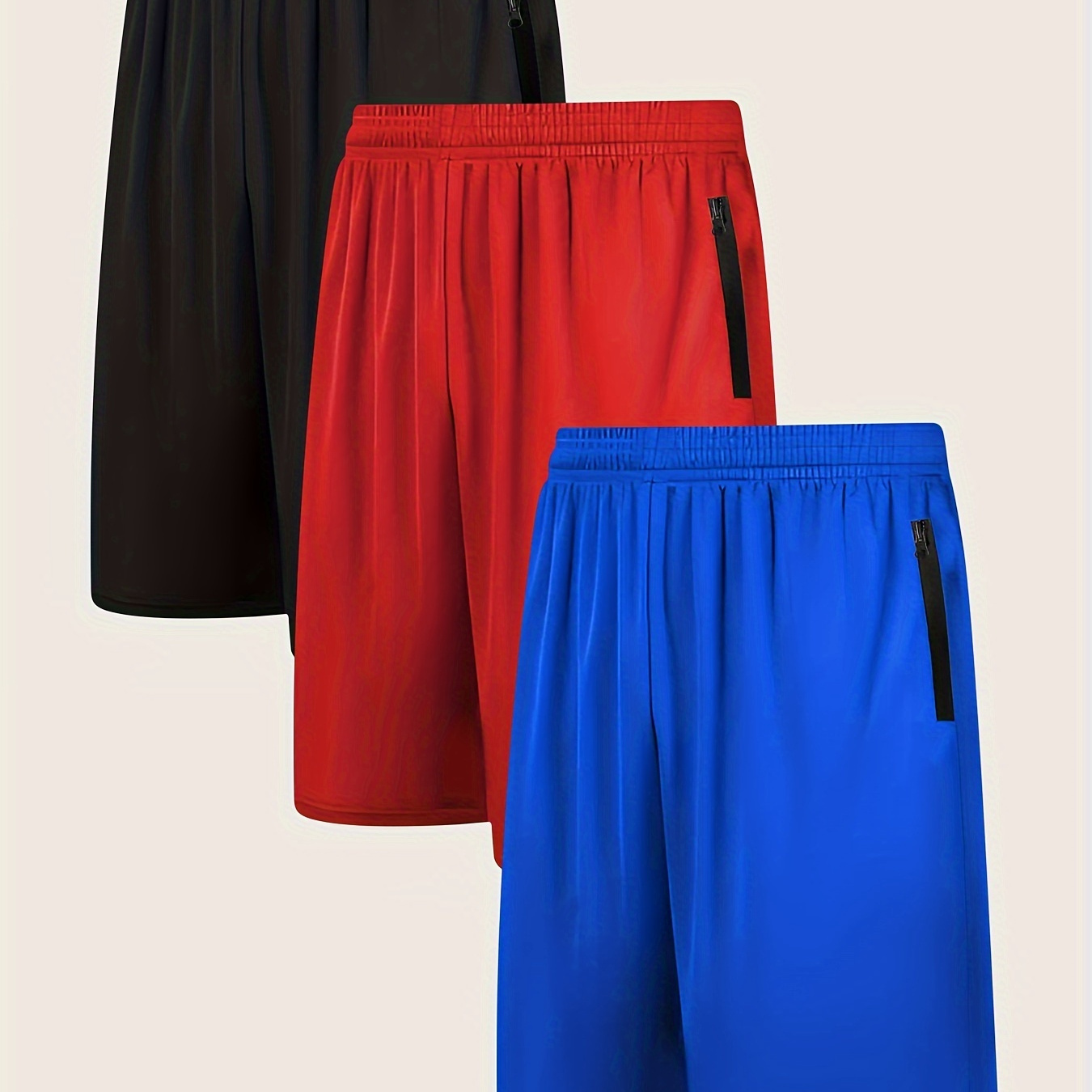 

3pcs Solid Color Men's Plus Size Casual Athletic Shorts With Zipper Pockets