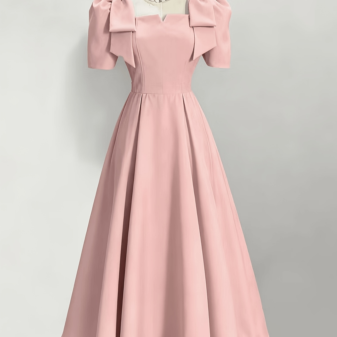 Elegant V-Neck Short-Sleeve A-Line Midi Dress with Cinched Waist & 3 Bow - Full Flared, Machine Washable Suitable for We
