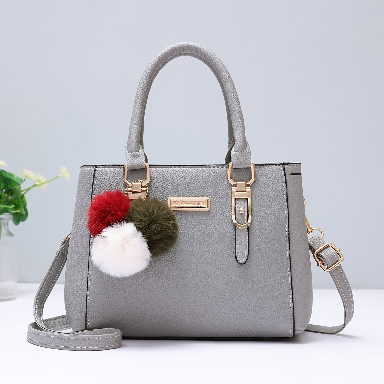 Trendy Double Handle Satchel Bag, Pompom Ball Decor Purse, Women's PU Leather Crossbody Bag