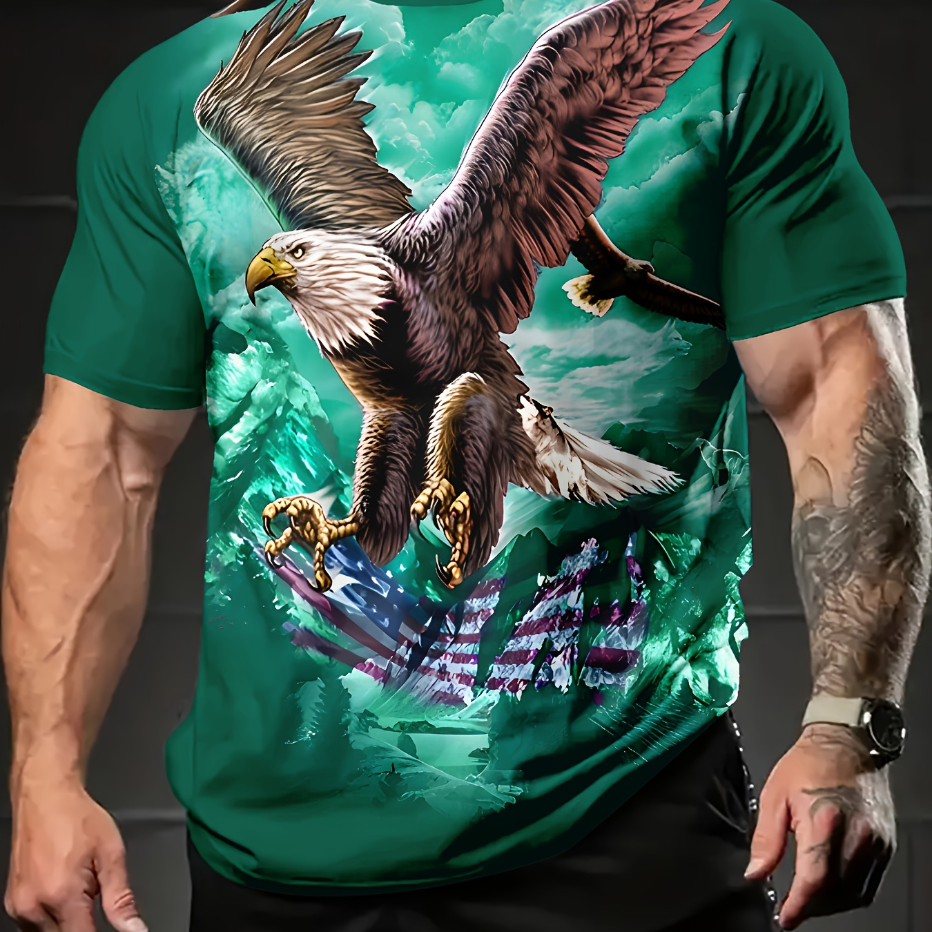 

Men's Plus Size T-shirt, Patriotic Eagle Print, Casual Round Neck Short Sleeve, Polyester, Summer Fashion, Regular Fit, Adult