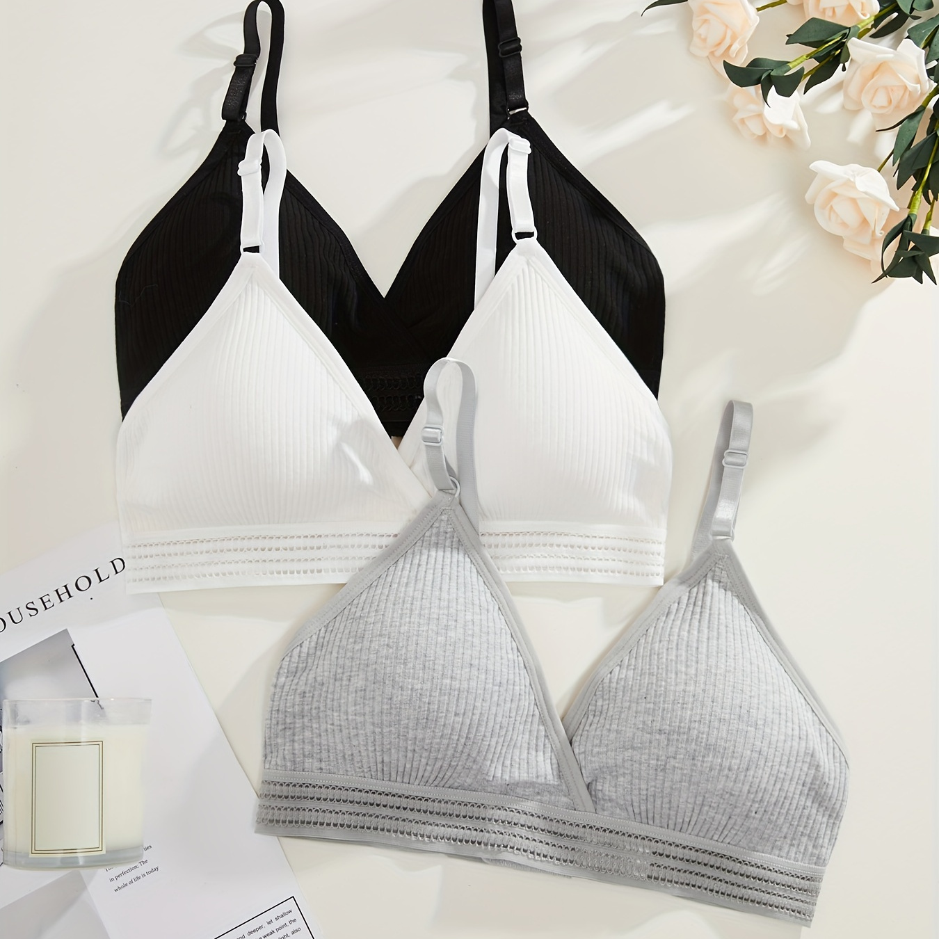 

3-pack Women's Triangle Cup Bras, Removable Pads, Wireless, Comfortable, Casual Style, Adjustable Straps - Black/white/grey