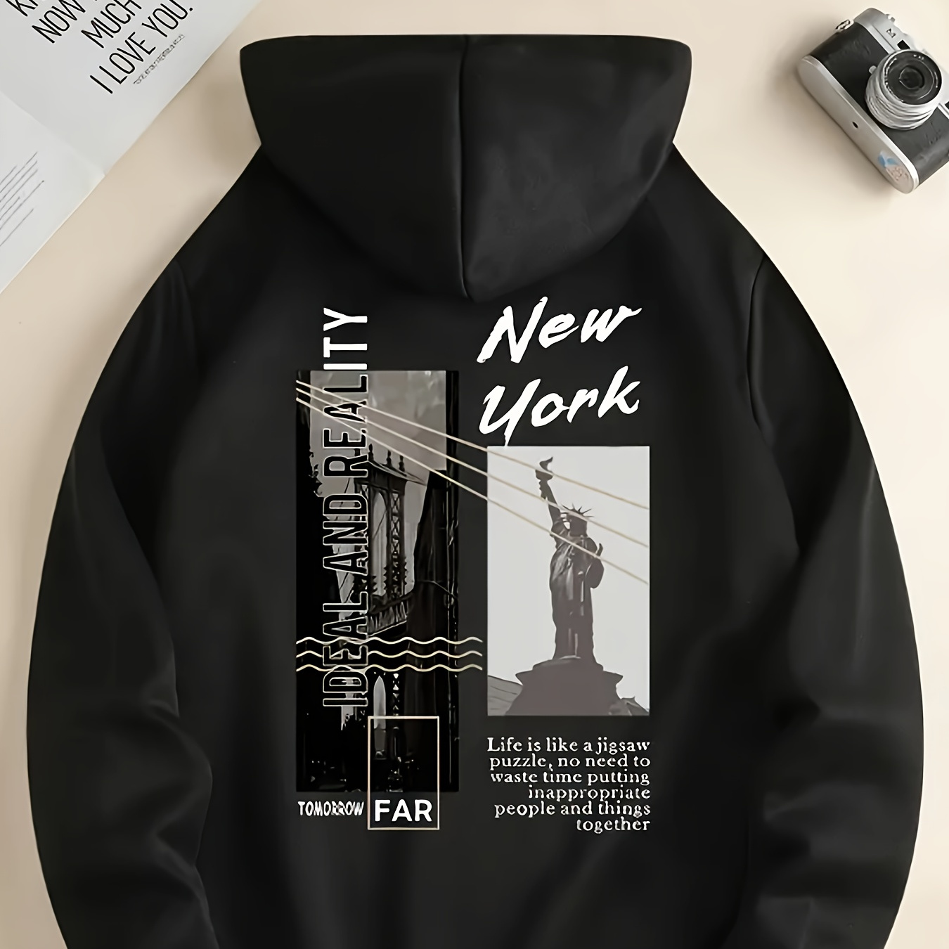 

Statue Of Slogan Pattern Hoodie, Men's Cool Hoodie, Casual Graphic Design Pullover Hoodie And Kangaroo Pocket Street Clothing Autumn And Winter Hoodie