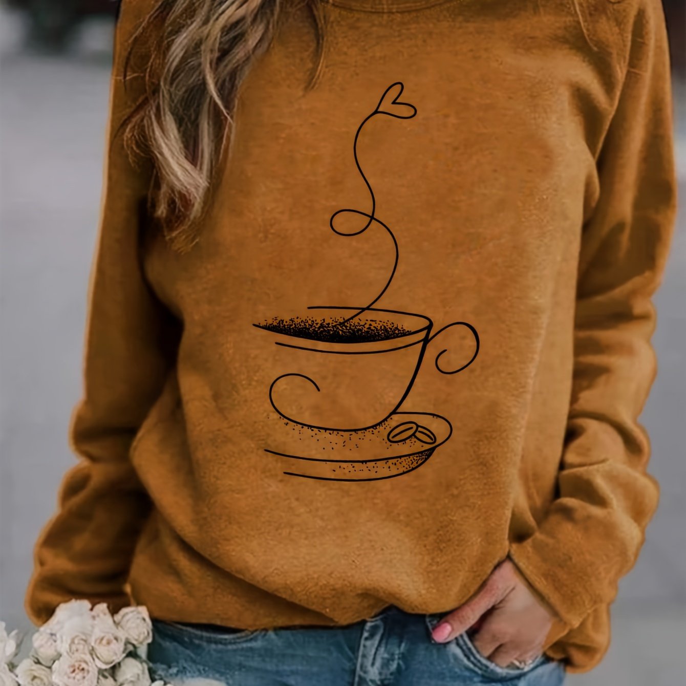 

Cozy Mustard Yellow Women's Long Sleeve T-shirt With Coffee & - Casual Fit, Round Neck, Polyester, Machine Washable - Fall, Casual Wear|graphic Tshirt| Texture