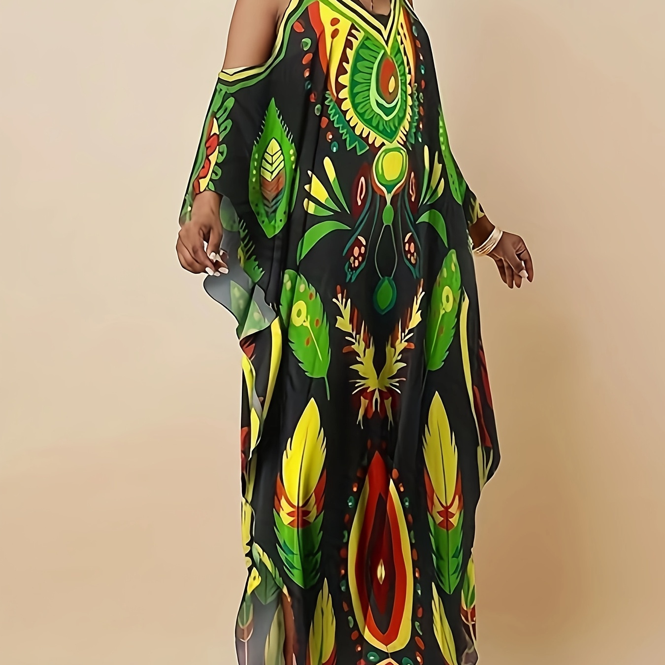 

[lightweight Design] Elegant Cold Shoulder Kaftan Dress For Women - Long Sleeve, V-neck, Print Beach Cover-up, Plus Size, Loose Fit, Mid-length Summer Dress In , Green,