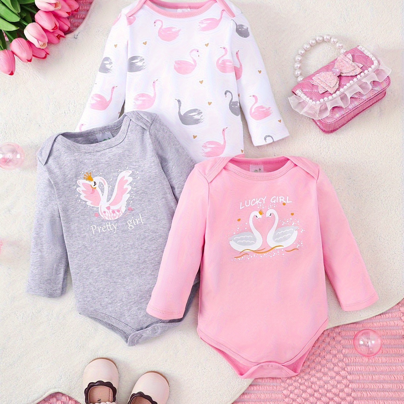 

3pcs Baby's Cartoon Swan Print Cotton Long Sleeve Triangle Bodysuit, Toddler & Infant Girl's Onesie