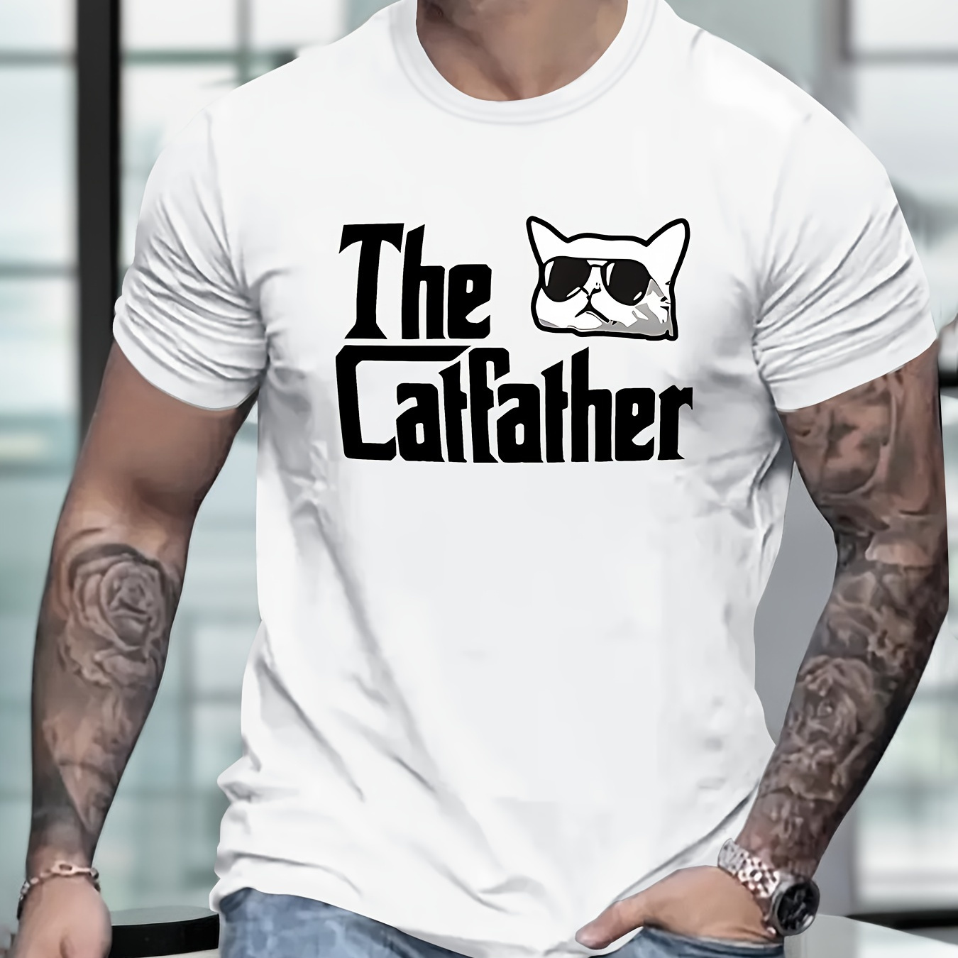 

The Catfather "creative Print Casual Novelty T-shirt For Men, Short Sleeve Summer& Spring Top, Comfort Fit, Stylish Streetwear Crew Neck Tee For Daily Wear