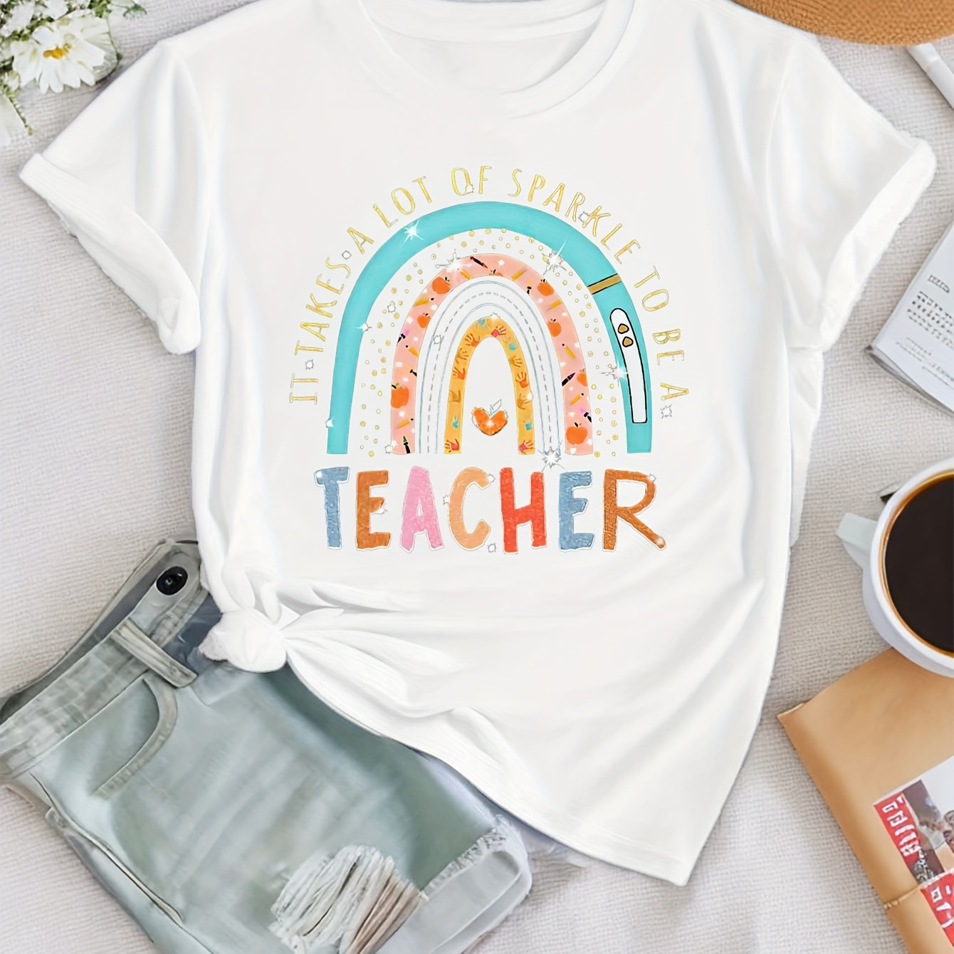 

Teachers' Day Teacher Print T-shirt, Short Sleeve Crew Neck Casual Top For Summer & Spring, Women's Clothing