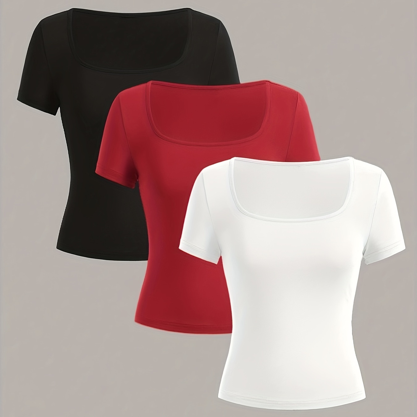 

3pcs Neck T-shirt, Short Sleeve Casual Top For Summer & Spring, Women's Clothing
