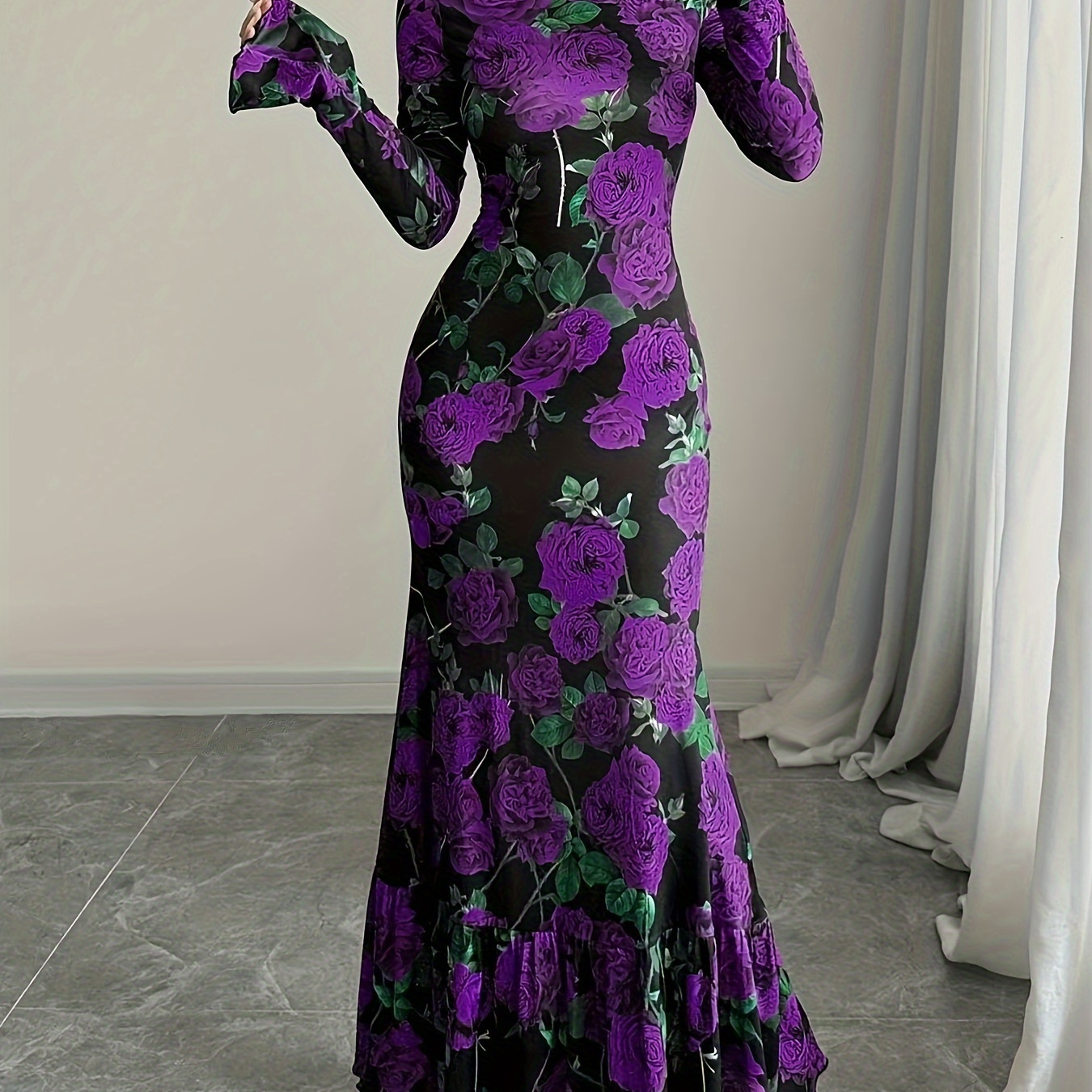 

's Full-body Floral Print Round Neck Trumpet Long Sleeve Dress