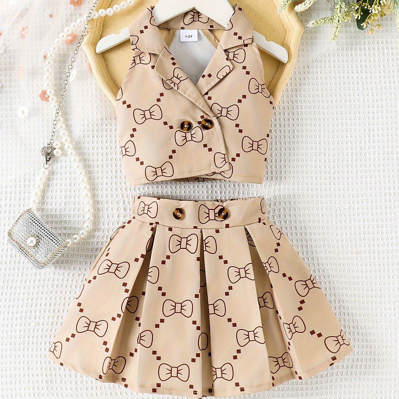 

Bows Pattern 2pcs Girl's Outfit Lapel Sleeveless Top + Skirt Co-ords Set, Comfy Casual Girls Summer Clothes