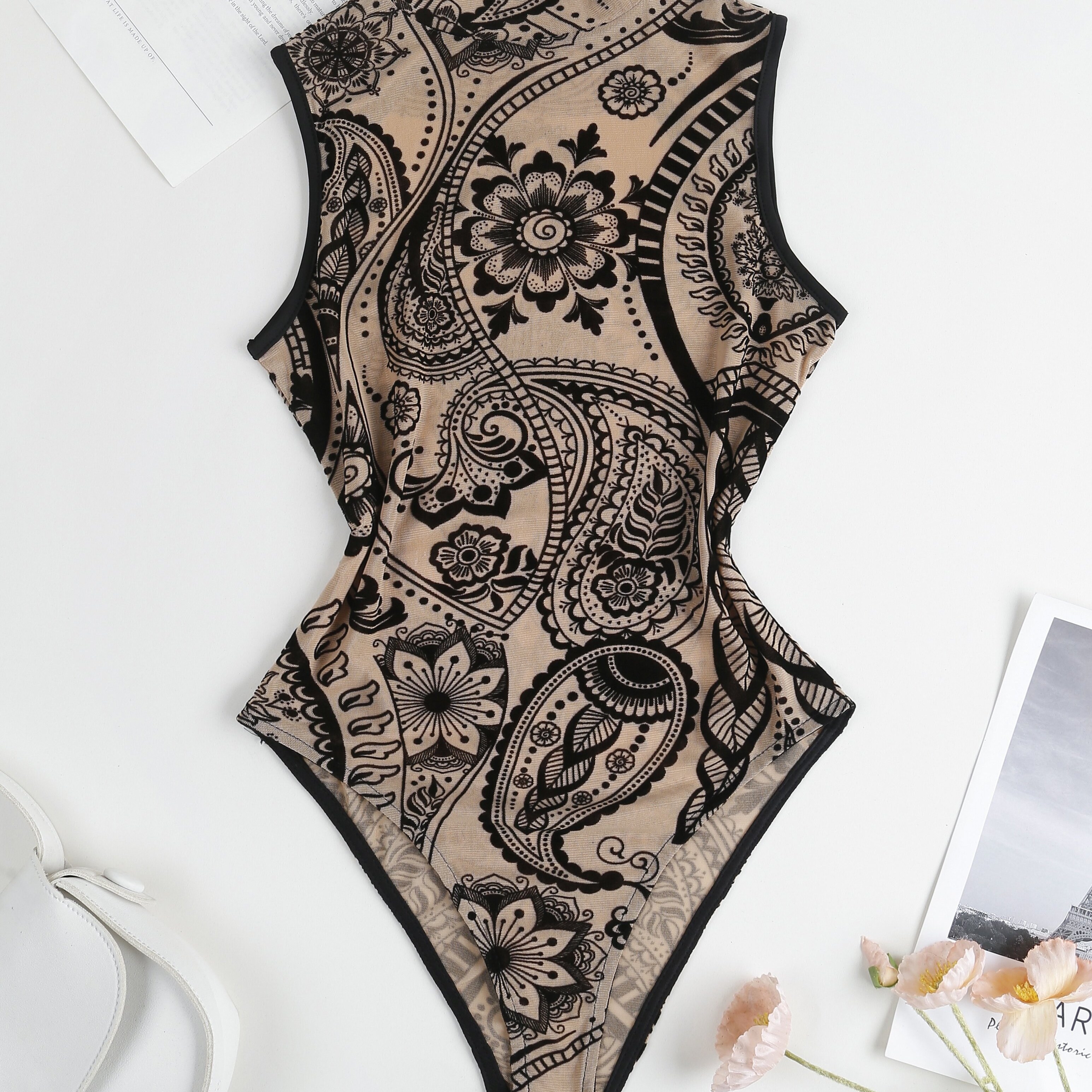 

Young Y2k Young Plant Velvet Print Mesh Transparent Bodycon Sleeveless Bodysuit