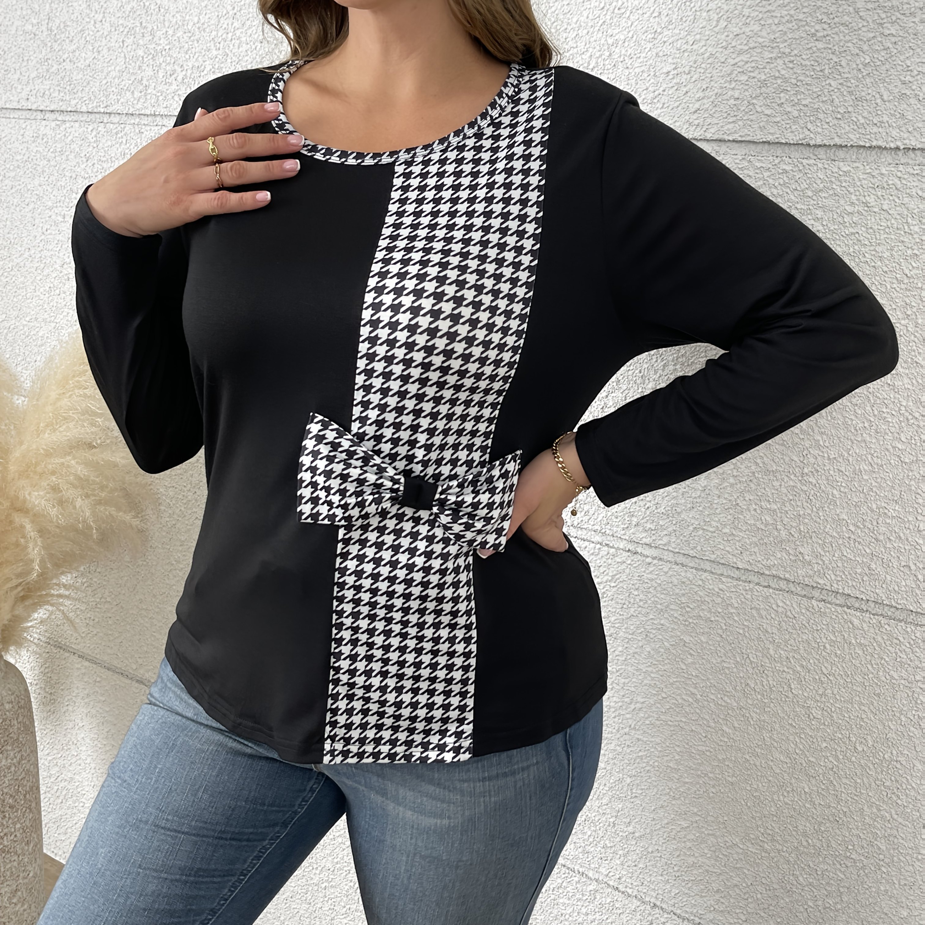 

Plus Size Bow Top - Polyester Long Sleeves, Regular Fit, , For /fall