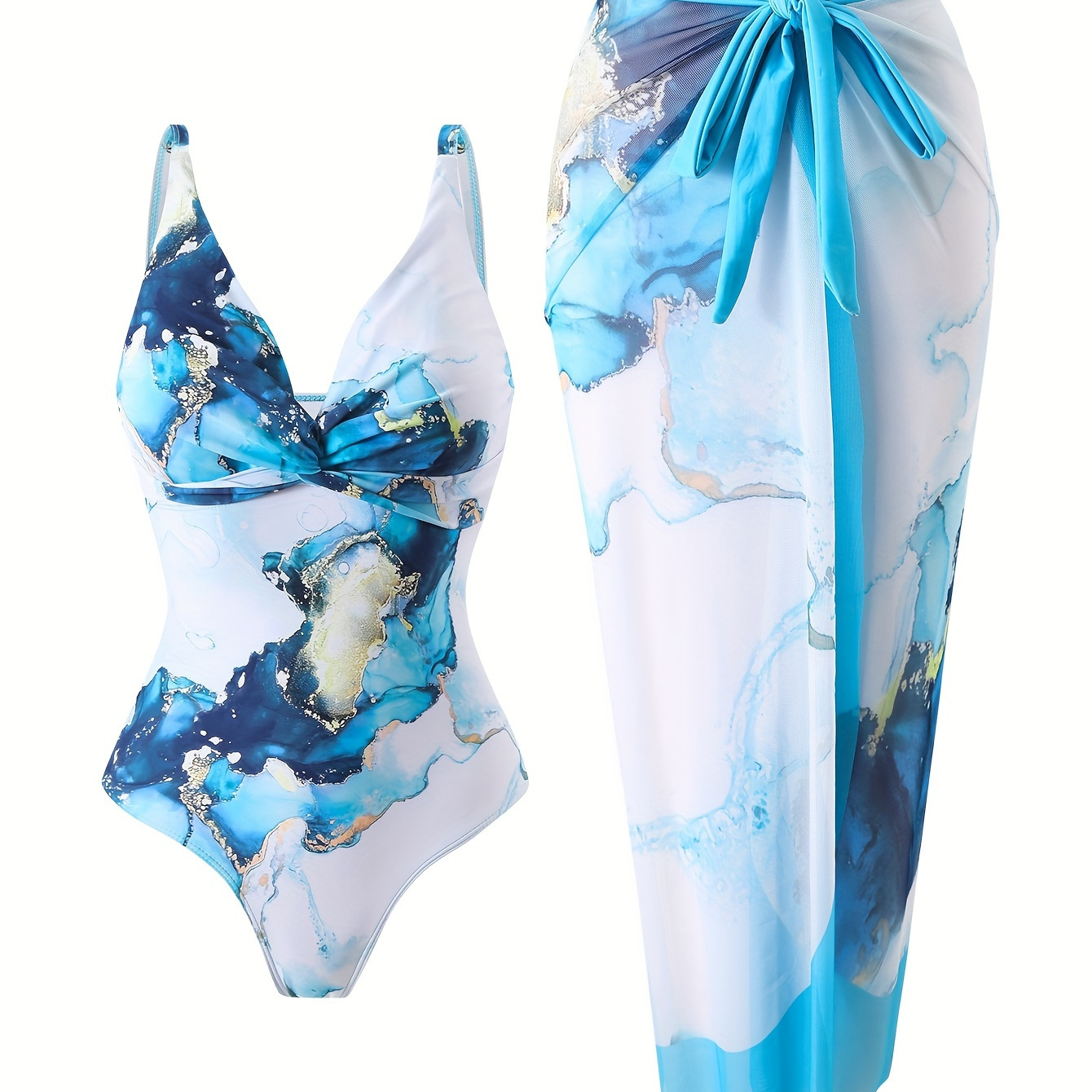 

Women's Golden Foil Marble Print Cross Knot Two-piece Swimsuit Set With Matching Sarong Wrap Skirt