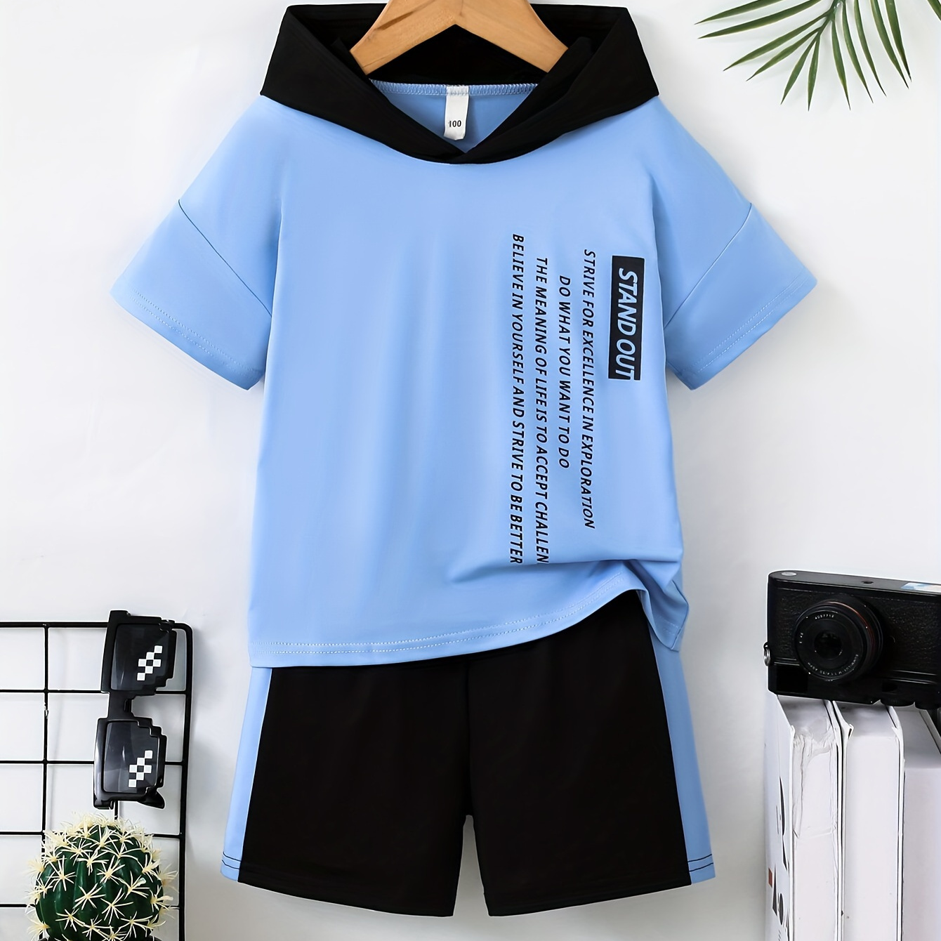 

2pcs Boys Casual Letter Print Comfortable Versatile Short Sleeve Hooded T-shirt & Shorts Set, Cool, Lightweight And Comfy Summer Clothes!