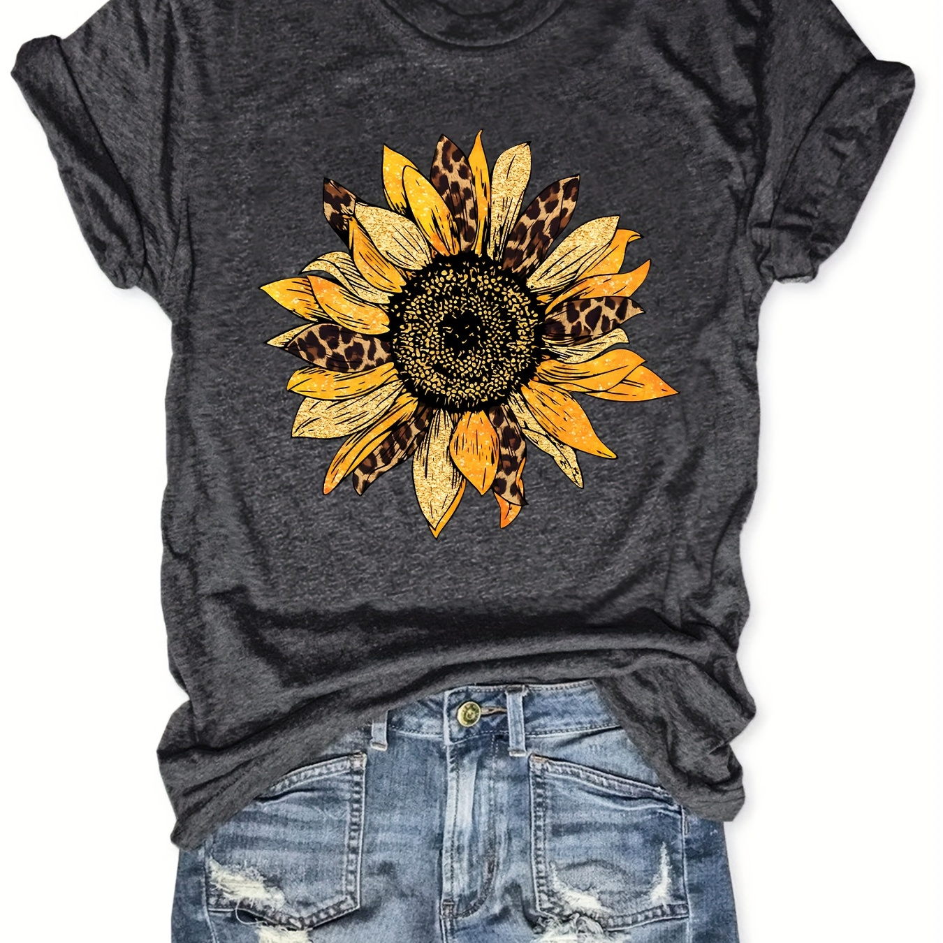 

Sunflower Print Crew Neck T-shirt, Short Sleeve Casual Top For Spring & Summer, Women's Clothing