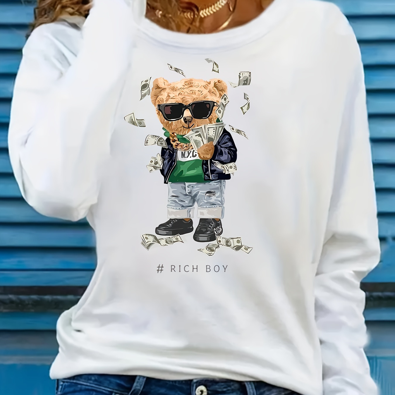 

Women's Casual Cotton Long Sleeve Tee With Unique Bear Print - Crew Neck, Perfect For Sports & Gifts, Spring/fall Collection