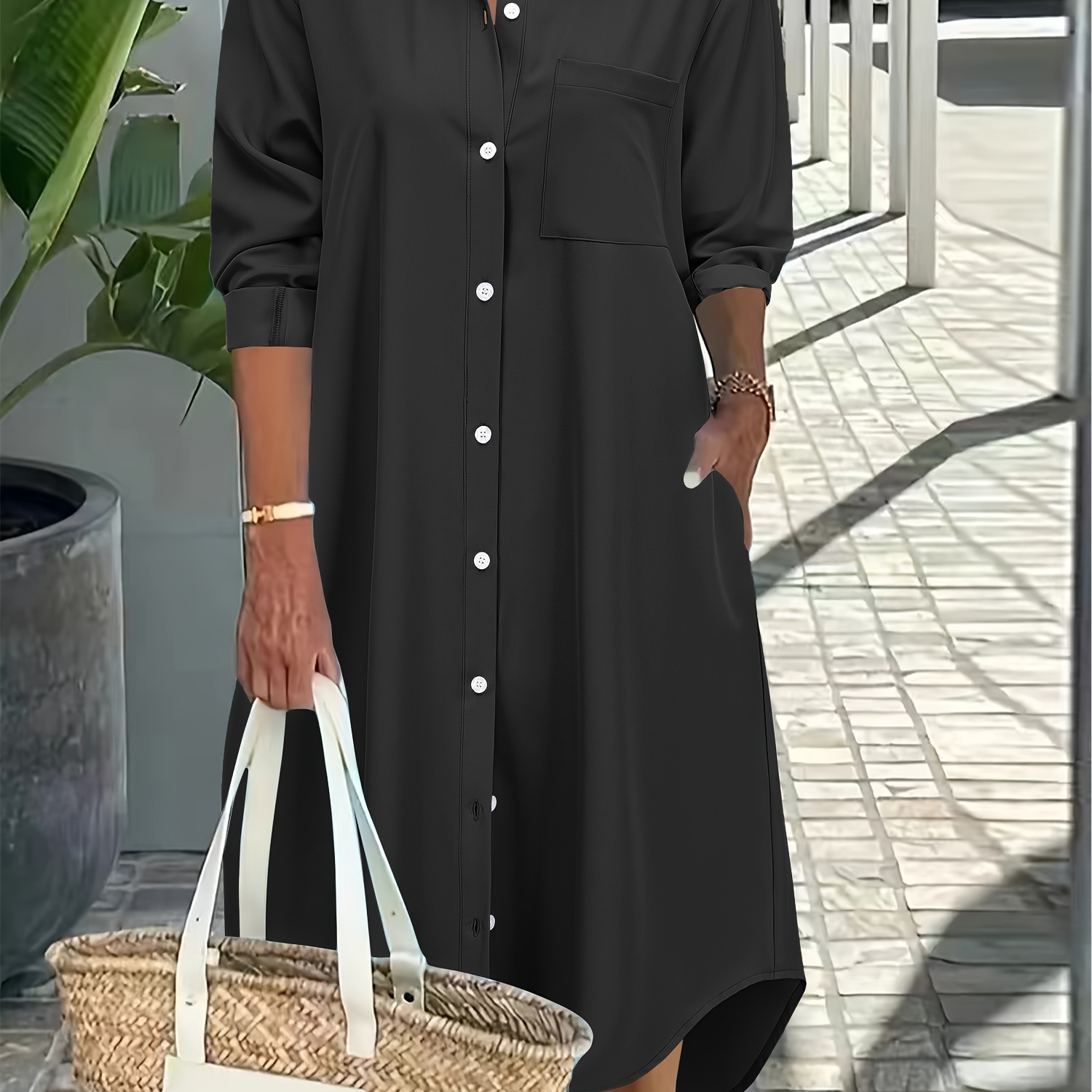 

Botton Front Patched Pocket Dress, Elegant Long Sleeve Dress For Spring & Summer, Women's Clothing