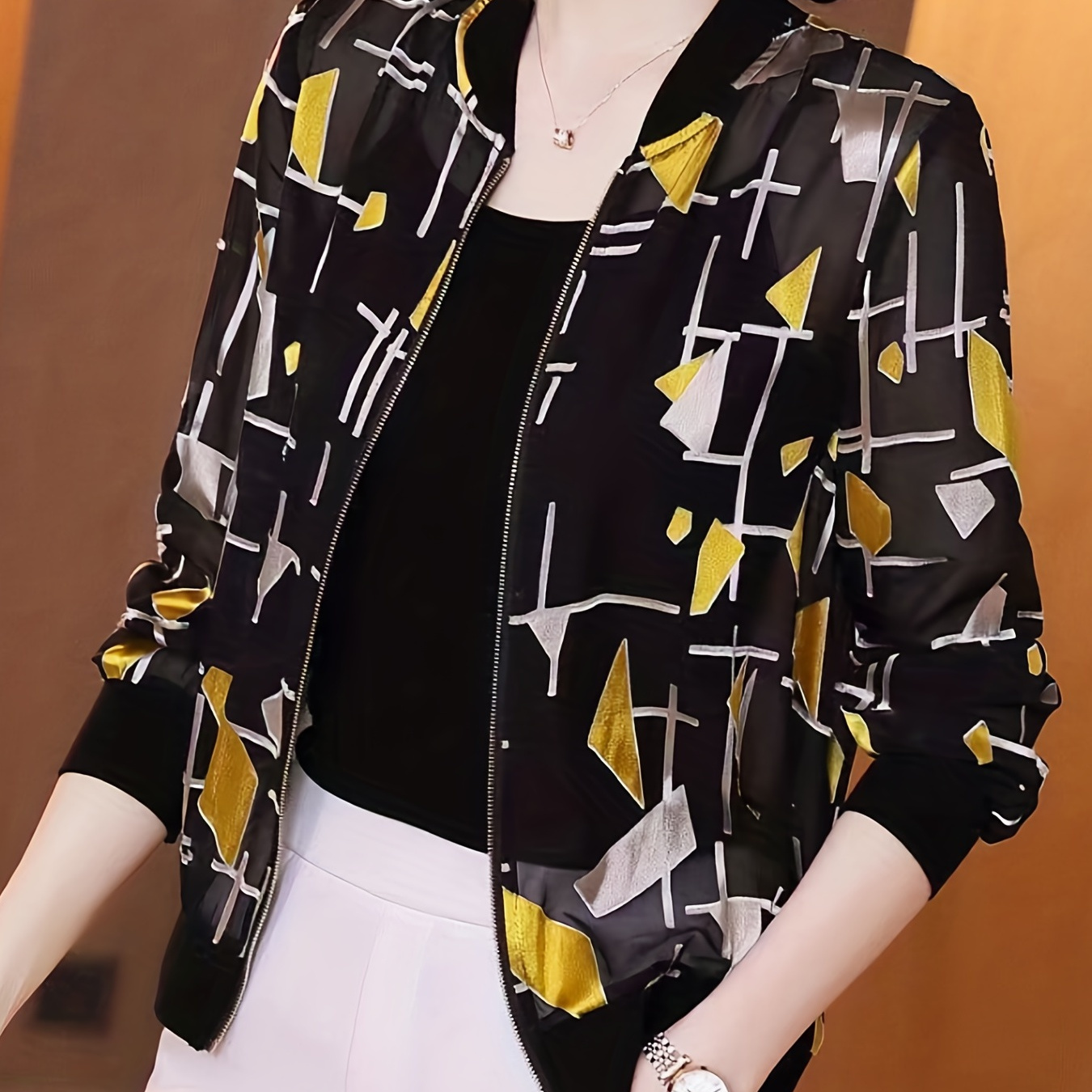 

Geo Print Bomber Jacket, Casual Zip Up Long Sleeve Outerwear, Women's Clothing