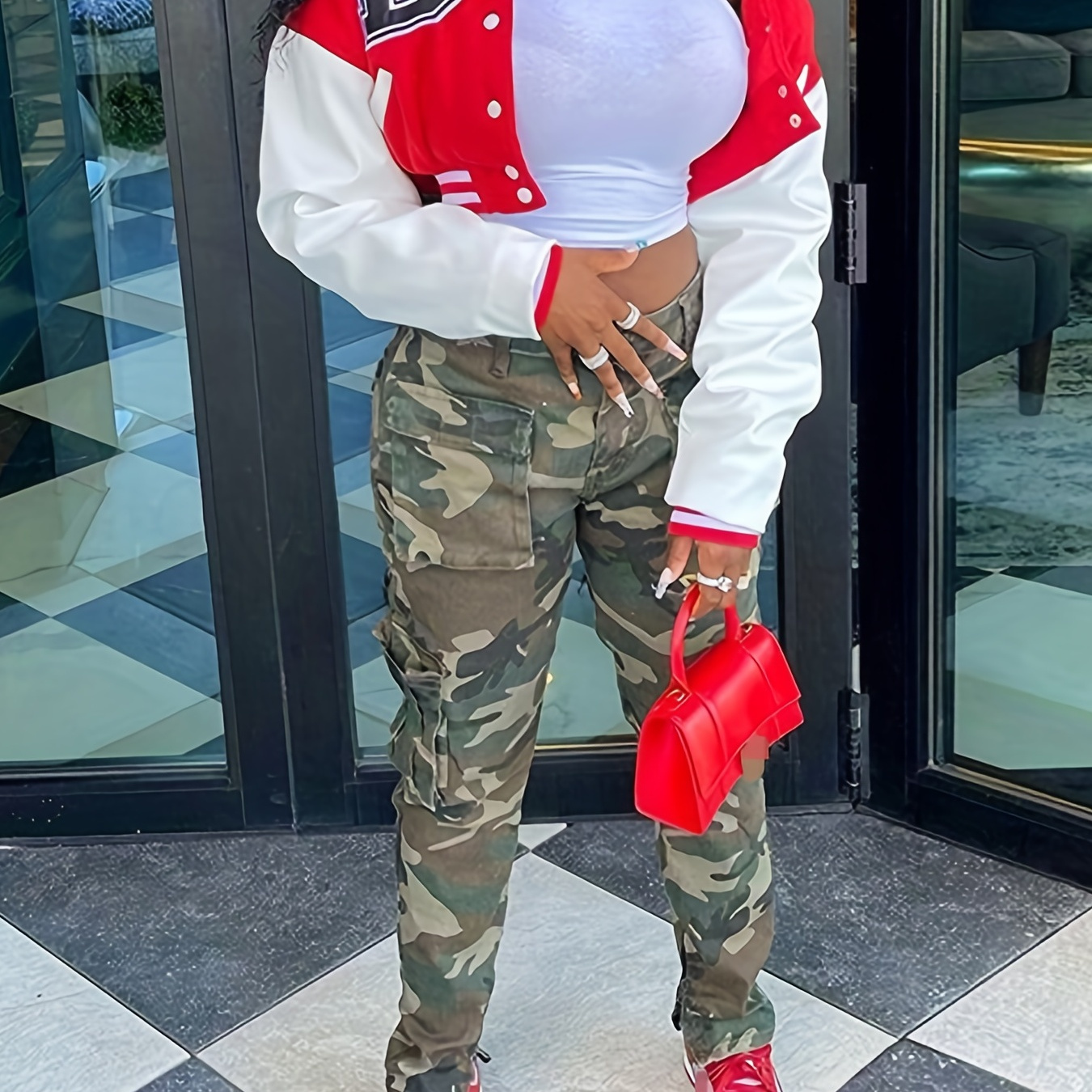

Color Block Letter Print Jacket, Casual Crop Button Front Jacket, Women's Clothing