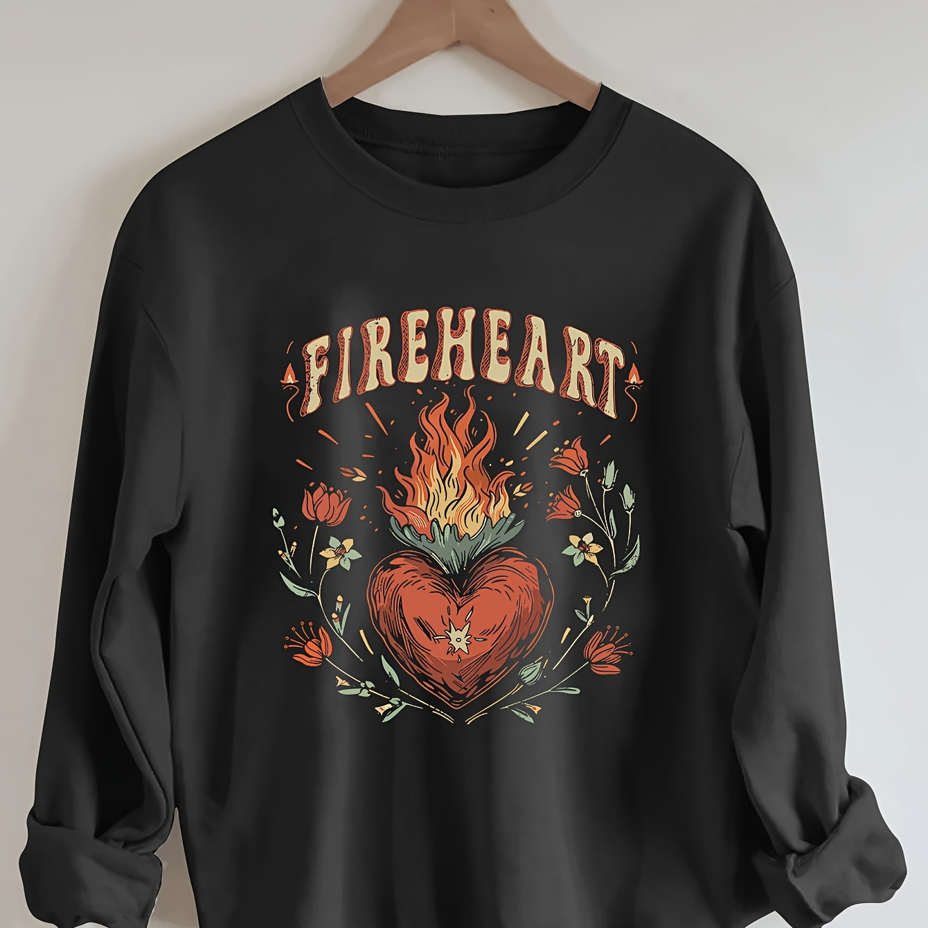 

Fire ＆ Heart Print Pullover Sweatshirt, Casual Long Sleeve Crew Neck Sweatshirt For Fall & Winter, Women's Clothing