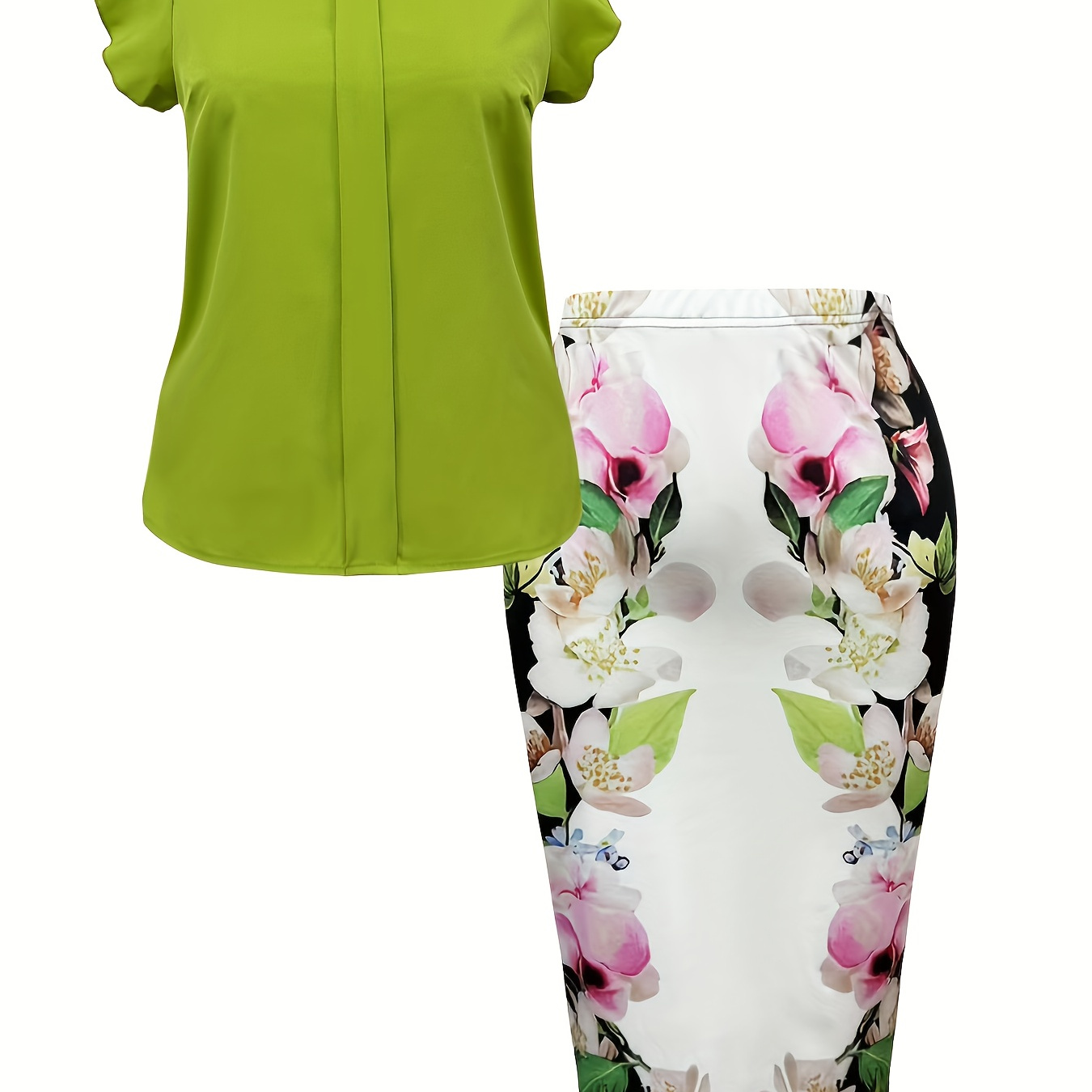 

Plus Size Floral Print Two-piece Set, Crew Neck Ruffle Sleeve Top & Bodycon Skirt Outfits, Women's Plus Size clothing