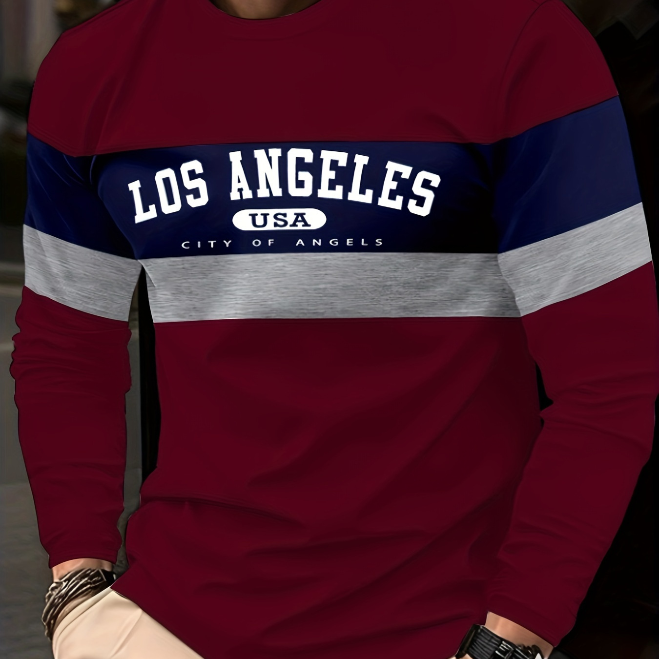 

Los Angeles Print, Men's Casual Crew Neck Long Sleeve T-shirt, Men's Trendy Pullover For