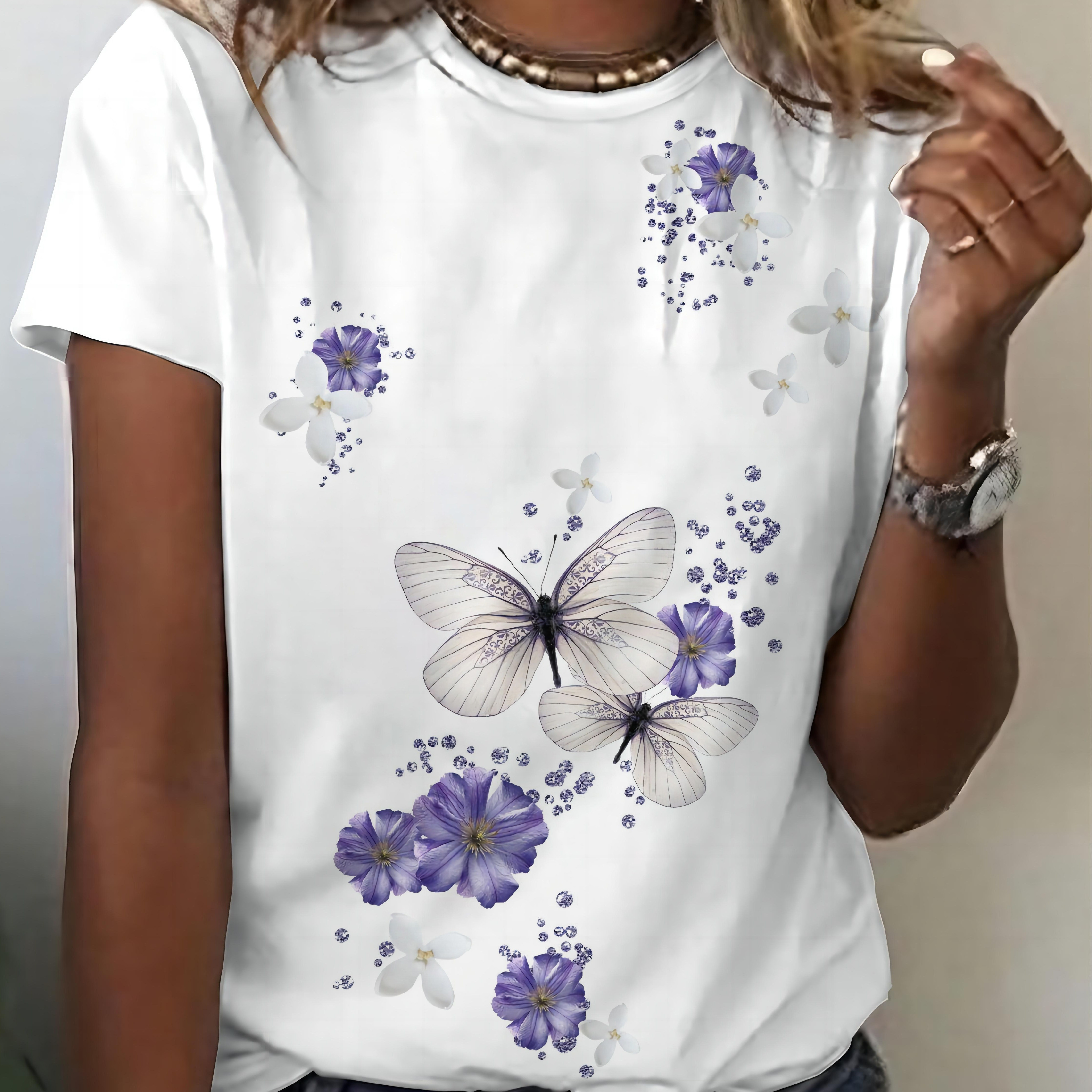 

Butterfly Graphic Round Neck Sports Tee, Crew Neck Loose Short Sleeve Top, Women's Activewear