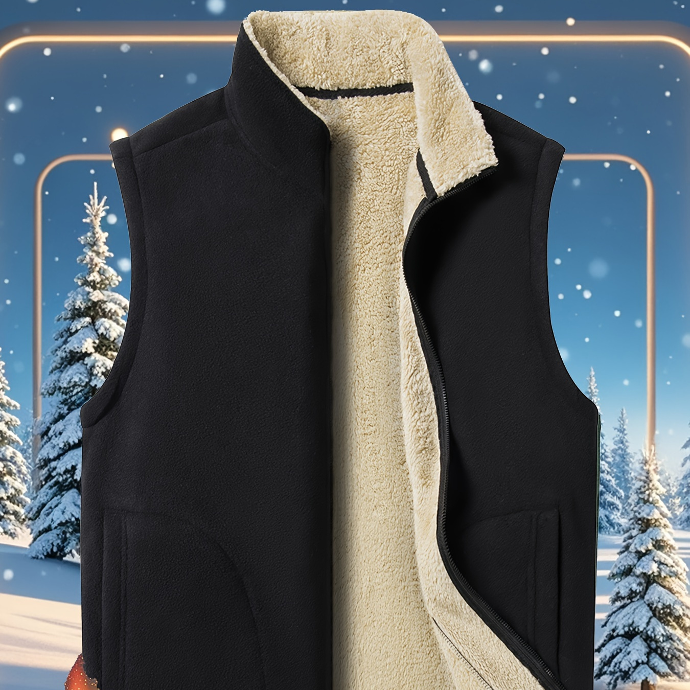 

Men's Fleece-lined Vest - Casual High Neck, Sleeveless Winter With Pockets, For Winter