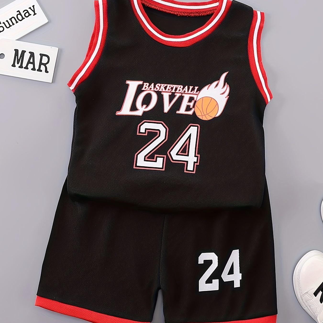 

2pcs Boy's Sports Basketball Jersey Set, Casual Sleeveless "love 24" Tank Top And Shorts Outfit, Kids Summer Clothing