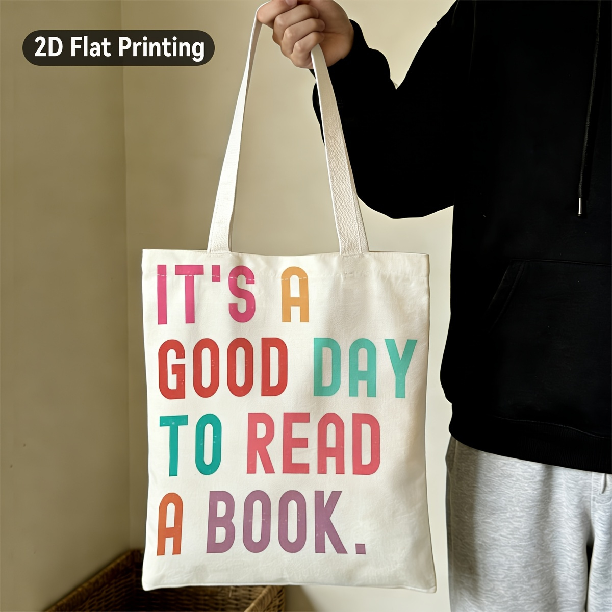 TEMU 2d Flat 1pc Colorful , It, S To Read A Book, Durable Tote Bag, Duplex Prints Vibrant Inspirational Reading Quote, Ideal For Bookstore Trips,