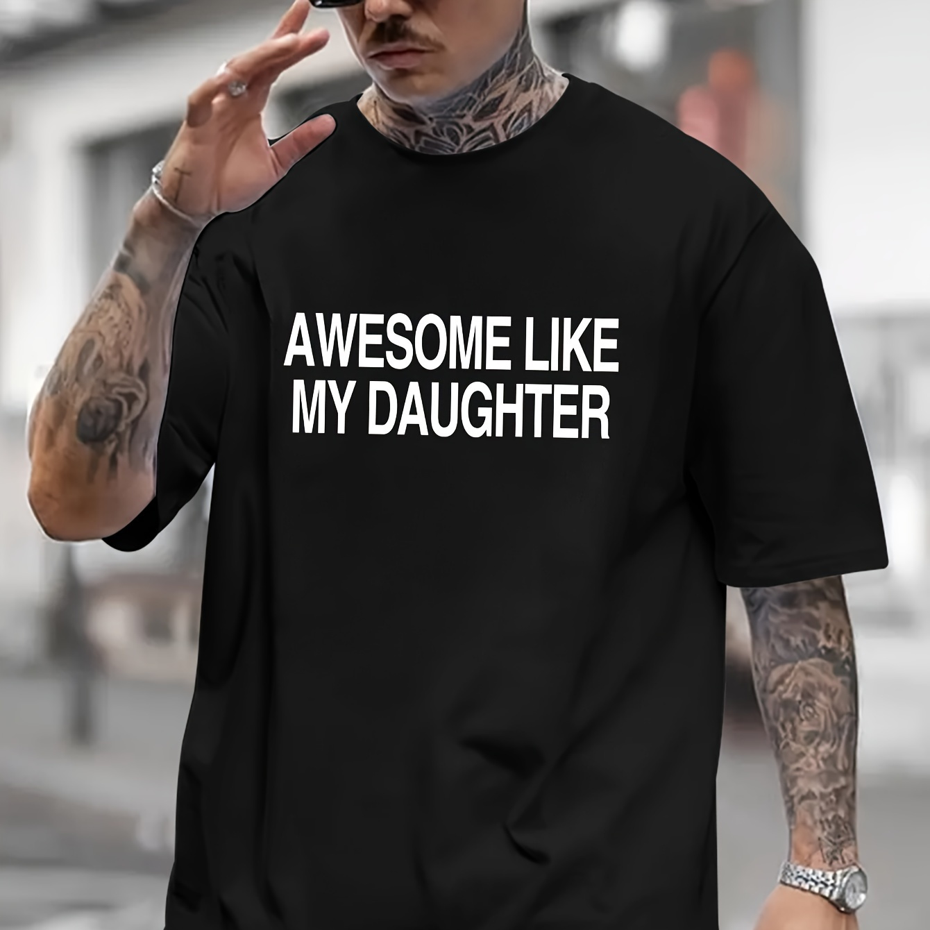 

Neutral Style Awesome Like My Daughter Print, Men's Short Sleeve Round Collar Street Style T-shirt For Summer & Spring