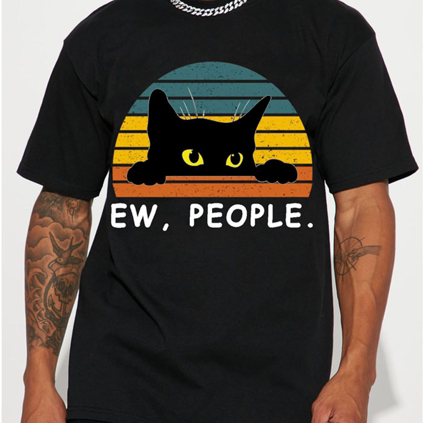 

Men's Casual Trendy Black Cat Print T-shirt, Short Sleeve Crew Neck Hip Hop Style Tees For Summer Holiday Gift